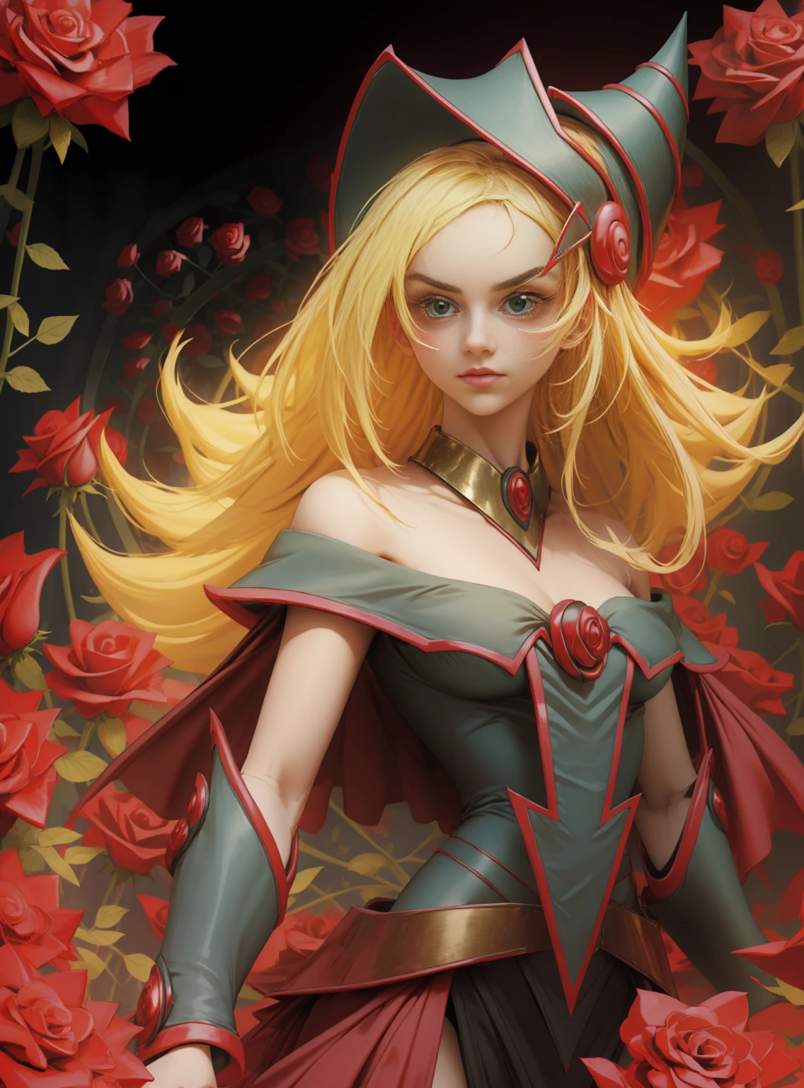 Beautiful dark magician gils. Young man with long blonde hair. green eyes. small lips. She is in a garden of red roses.. Red roses surround her. pose and innocent. red roses background.