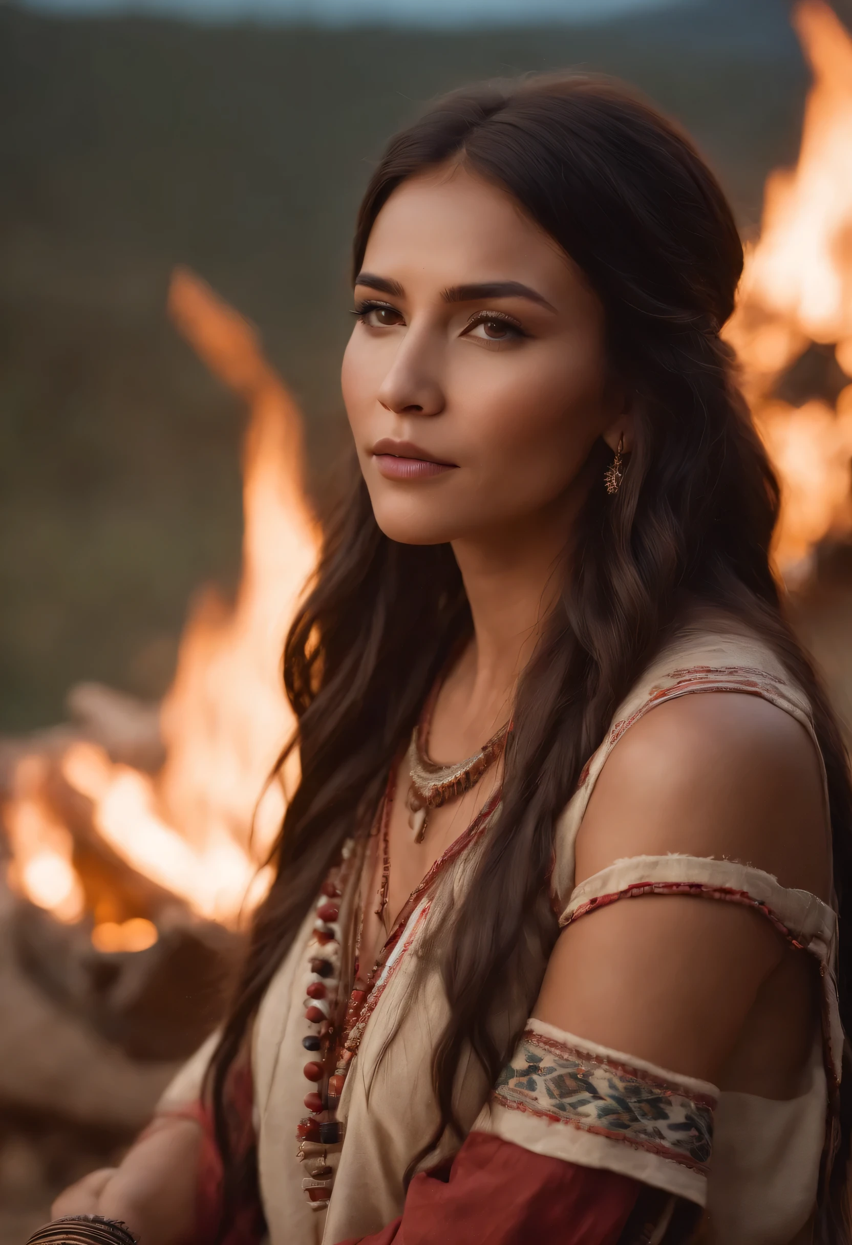 ultra detailed artistic photography, Beautiful Native American Apache female, Pee, moonlights, camp fire, feathers, sexly, dreamers, Ablaze, back-illuminated, eyeshadows, oil on canvas, Soft, ultra high definition, 8k, ultra sharp focus, intricate artwork masterpiece, fluid clothing, highy detailed, Vibrant, cinematic character rendering production, ultra high quality model