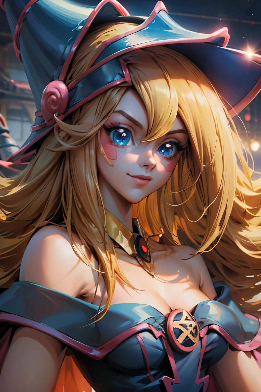 Create the beautiful face of dark magician gils. Brilliant blue glass eyes. pink lips. white tea. blond hair. girl smile. Uncovered shoulders. Necklace on the neck. dark magician gils face. visible breasts. Sensual and seductive pose.