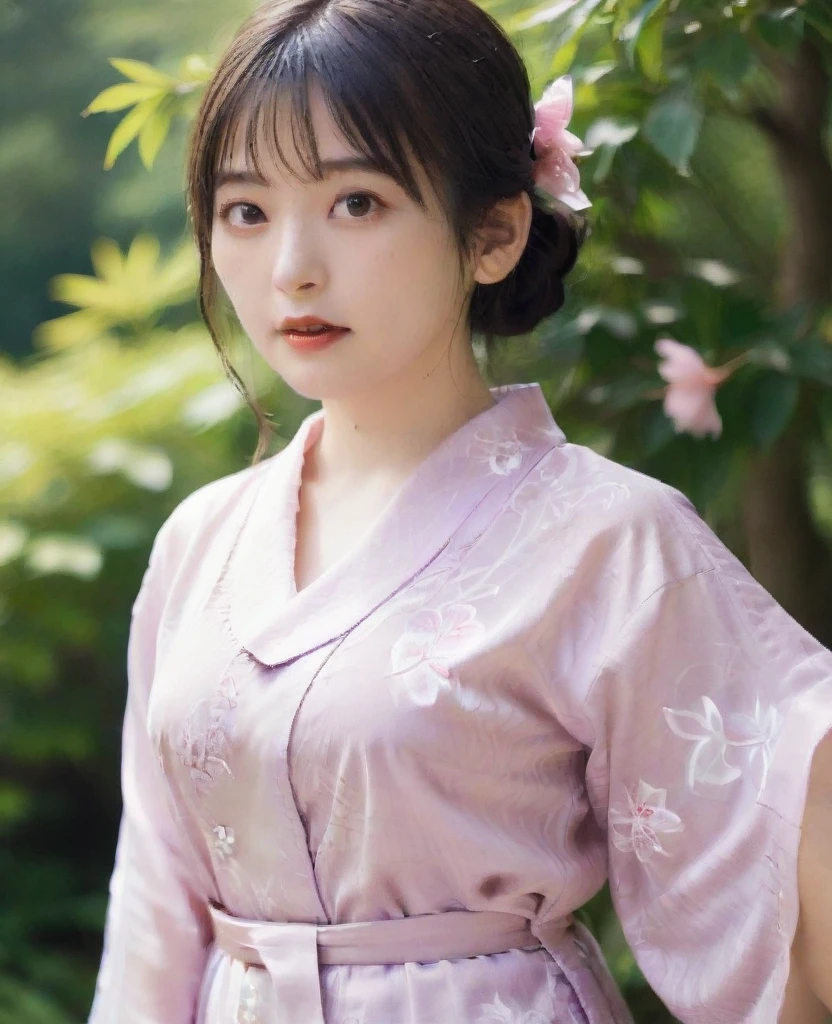  A woman wearing a transparent yukata、Japanese garden、in the garden、Veranda