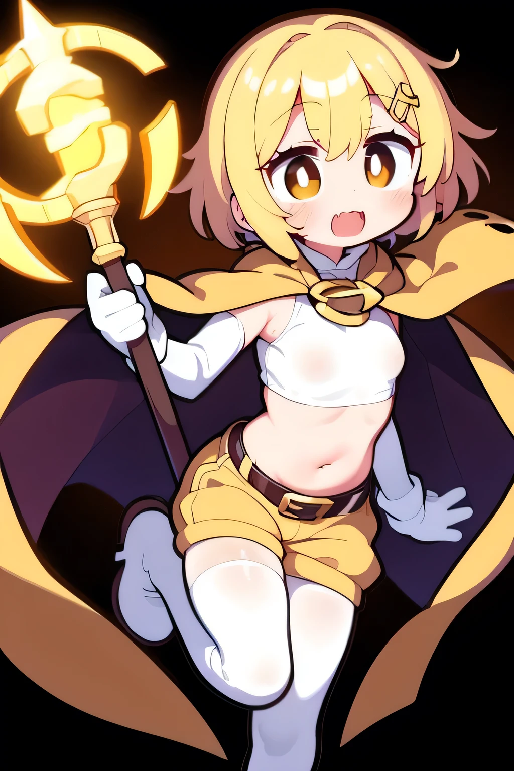 blonde hair, short hair, brown eyes, hair ornament, small_breasts, crop top, long sleeves, (covered navel), (brown bodystocking), bodysuit, cape, yellow gloves, belt, white shorts, white boots, jewelry, holding staff, dynamic angle, 