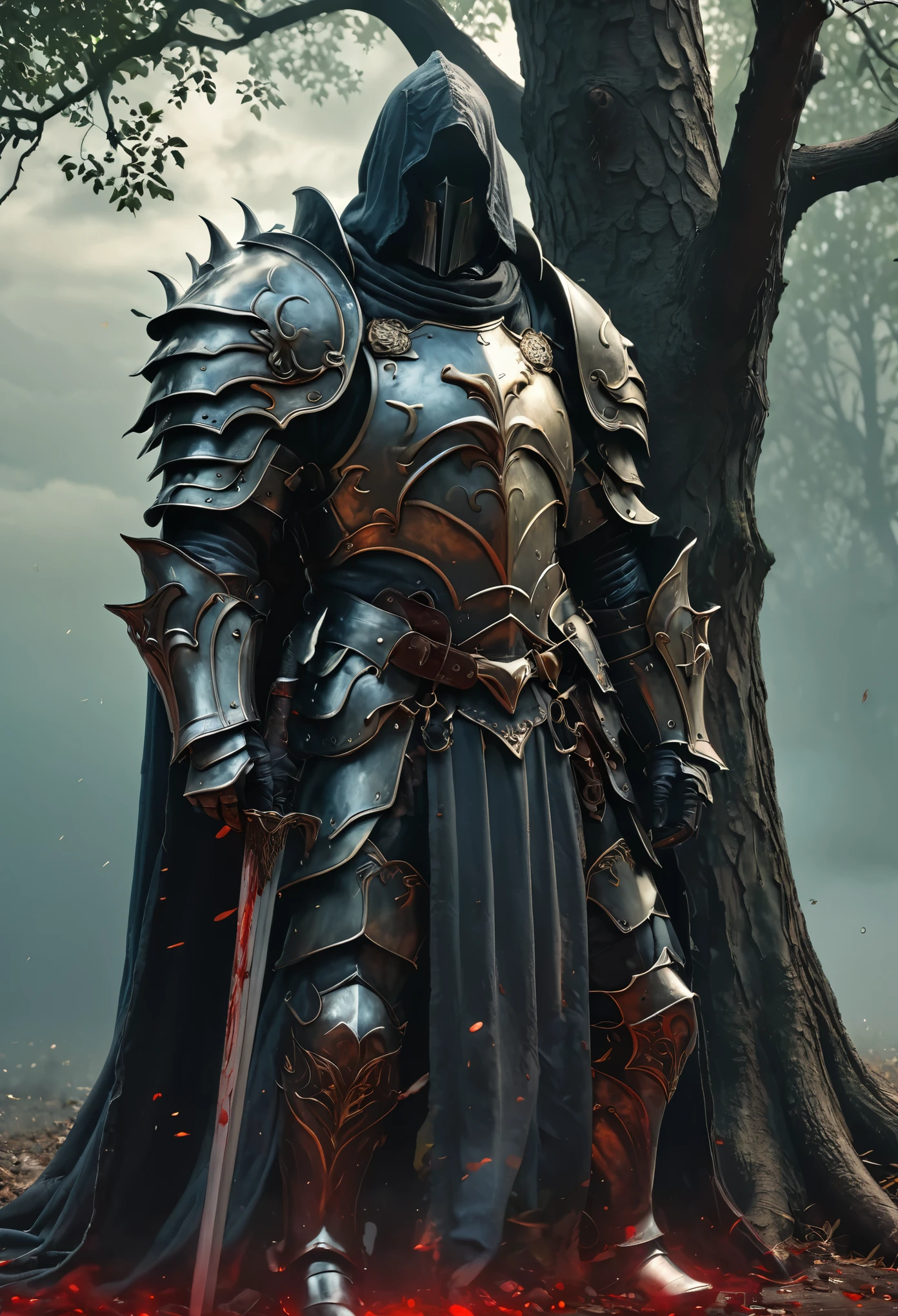 (best quality,4k,8k,highres,masterpiece:1.2),ultra-detailed,(realistic,photorealistic,photo-realistic:1.37), lone wolf knight resting under the shade of a tree, exiled knight, imposing exhausted figure, otherworldly, terrifying, highly detailed face and body, weathered full plate armor, broken armor, stain of blood, great sword, rain heavily, dark cloud in the sky, human features and proportions, dark, ominous atmosphere, dramatic lighting, cold color palette, demonic energy emanating, powerful presence, ethereal beauty, herculean strength, captivating gaze, unsettling presence, haunting and mesmerizing, horrifyingly enchanting