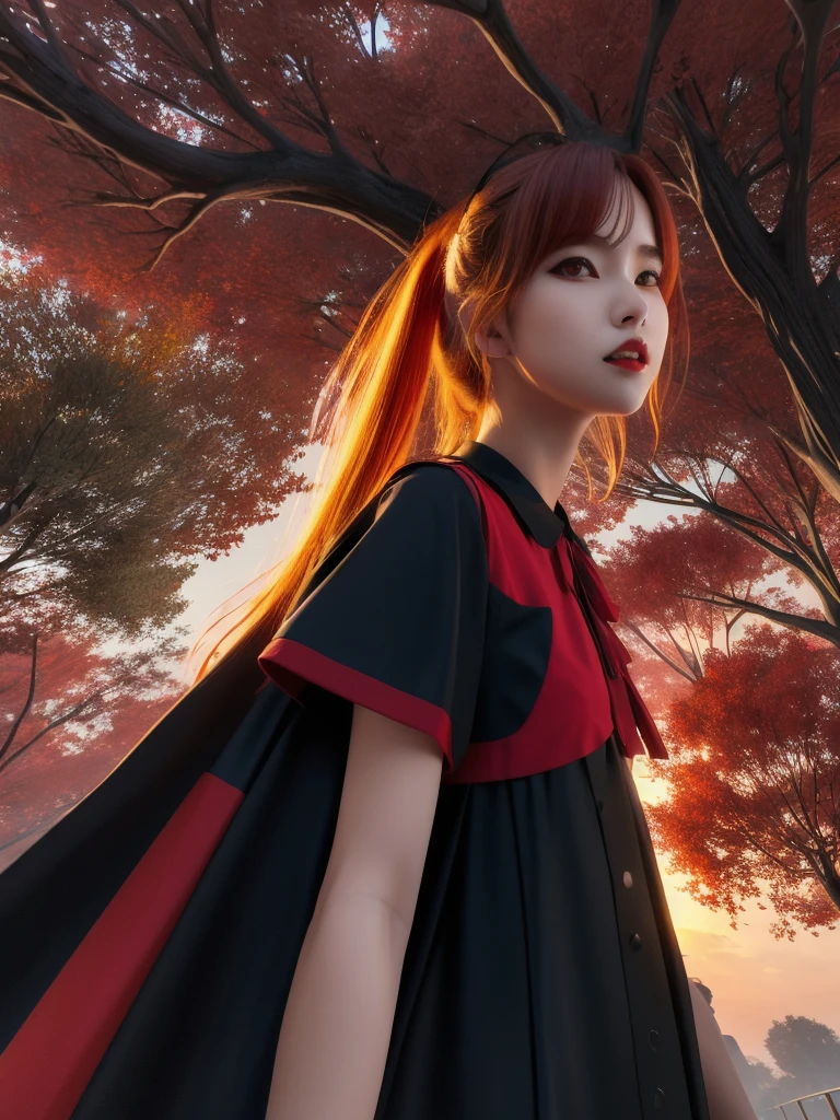 ((masterpiece, best quality, photorealism, RAW quality)), ((detailed, crimson sky)), 21 year old girl, vampire with wings, sharp fangs, arms at her sides, crimson red moon, soft breeze, open mouth , ((red and black shirt: 1.1), long dress with two-tone ruffles), ((suspended in the air between the treetops and moon in the background, fog)), RAW photo, realistic 3D, octane rendering, VRAY