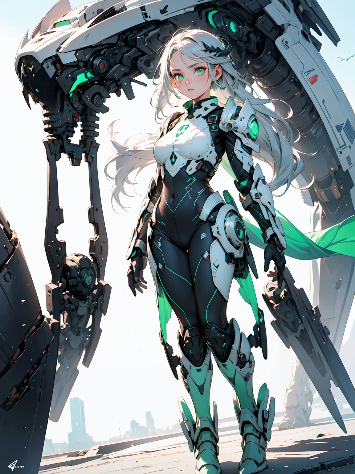 (best quality,realistic:1.37), solo female, full-body, long silver hair, light green eyes, emotionless expression, perfect face, bodysuit armor, amber glowing parts, sci-fi style, vibrant colors, futuristic lighting, detailed hair strands, metallic texture, sleek design, dynamic pose