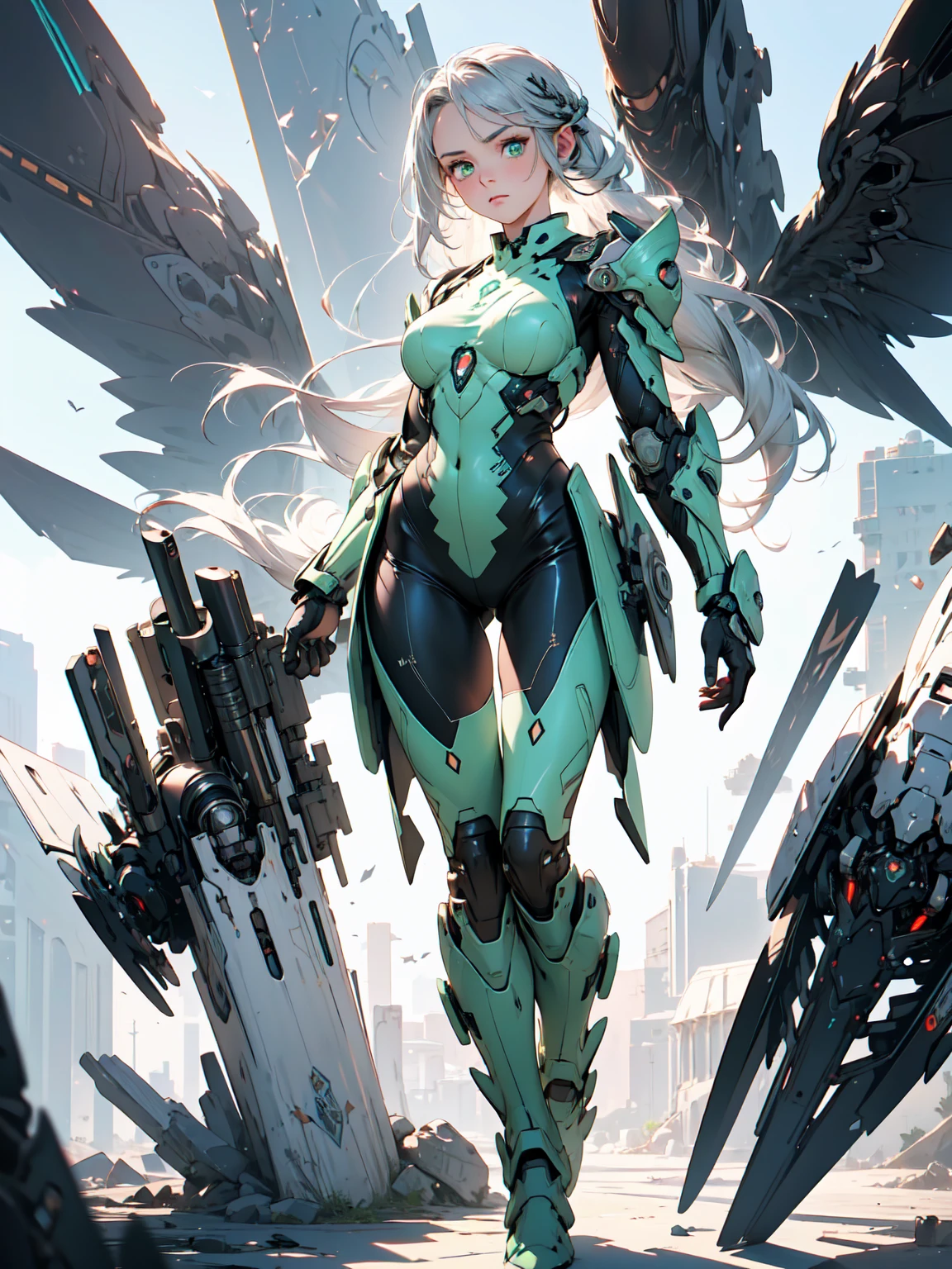 (best quality,realistic:1.37), solo female, full-body, long silver hair, light green eyes, emotionless expression, perfect face, bodysuit armor, amber glowing parts, sci-fi style, vibrant colors, futuristic lighting, detailed hair strands, metallic texture, sleek design, dynamic pose