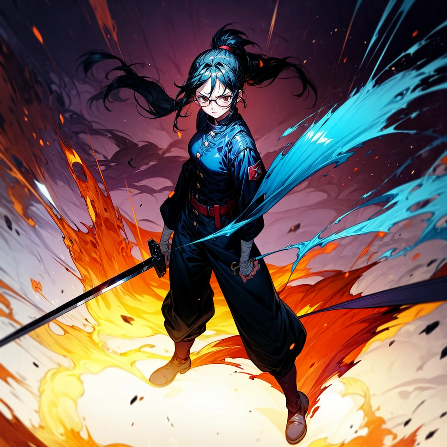 Grassroot, full body version, solo, girl, glasses, black colour hair, ponytail hair, brown eyes, sad eyes, red lipstick, soldier clothing, bandage, belts, long pants, boots, shadow, (Hunter x Hunter style art), standing gesture, sword in hand, Fire on sword, light fire on sword, smoke effect, plasma effect, blood on background, lighting effect on eyes, motion blur 