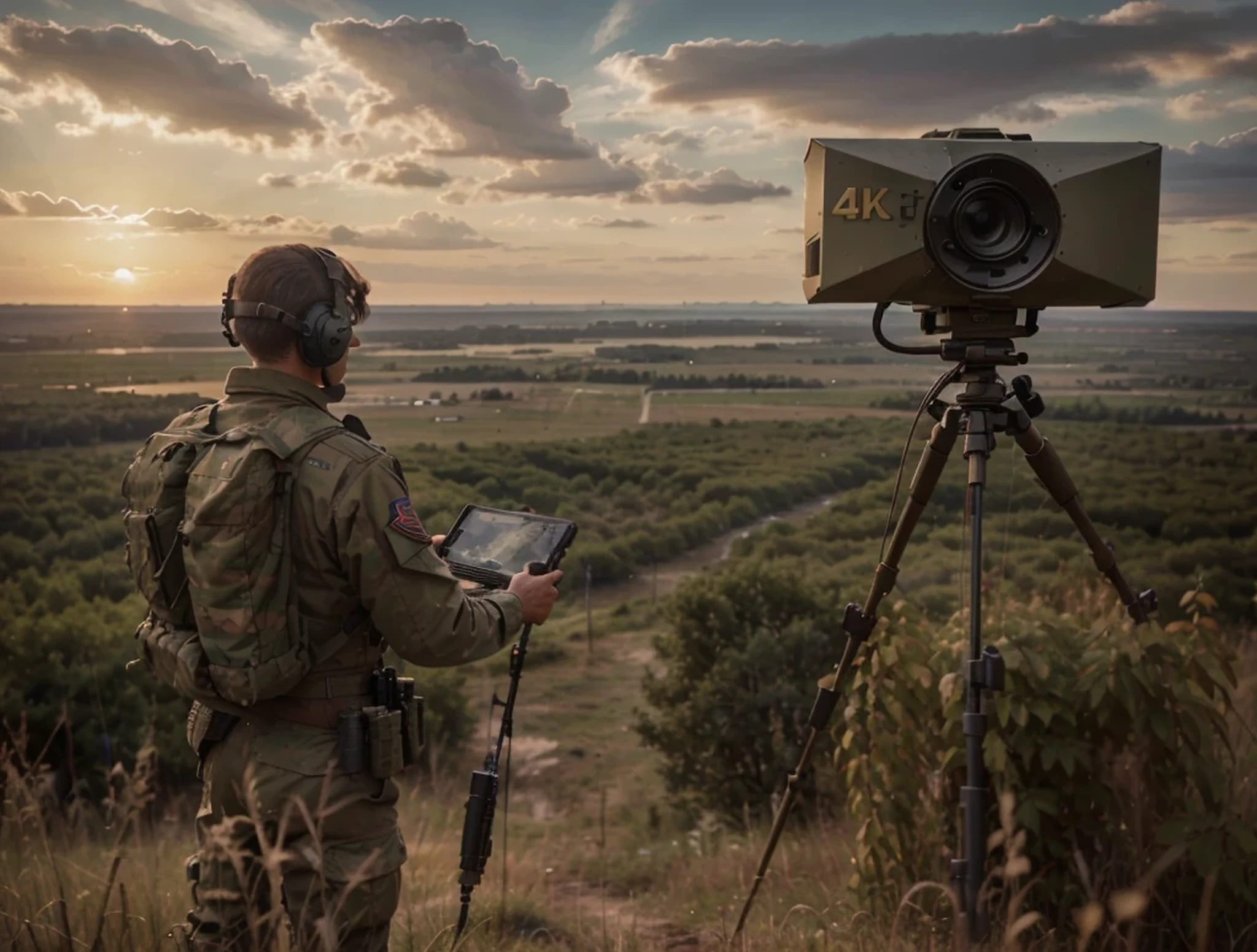 soldier on his back, light brown soviet uniform, wears headphones with microphone, has an advanced portable military radio system, antenna on his back, military radar, belt with ammunition, military backpack, harnesses, cables, is in a forest, ultra-realistic , 4k, Ultra detailed image, realistic, Highly detailed, perfect composition, gorgeous, Intricately detailed, incredibly detailed, Art photography 8K, hyper detailed, Masterpiece, Ultra detailed