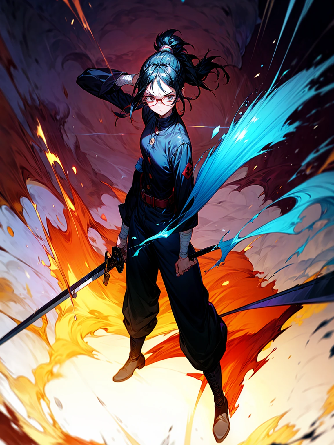 Grassroot, full body version, solo, girl, glasses, black colour hair, ponytail hair, brown eyes, sad eyes, red lipstick, soldier clothing, bandage, belts, long pants, boots, shadow, (Hunter x Hunter style art), standing gesture, sword in hand, Fire on sword, light fire on sword, smoke effect, plasma effect, blood on background, lighting effect on eyes, motion blur 