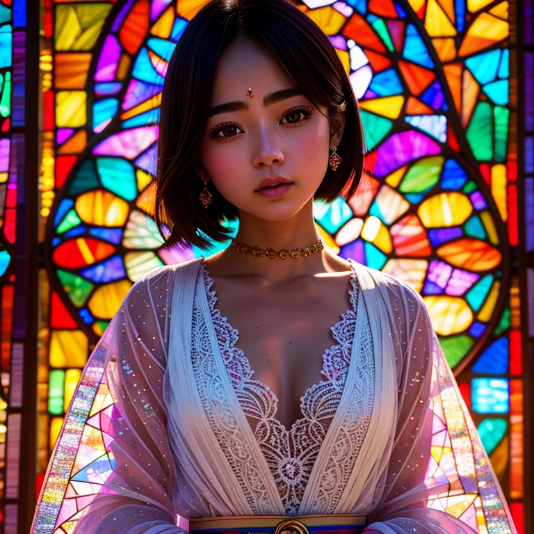 SFW, concept art, Tiny junior idol, (Detailed Delicate lace knitted white clothes), (nipple:-0.9), face closeup, (Elaborate stained glass Background:1.37), (((Renbutsu Misako), colorful Light shines through delicate stained glass:1.2, vivid red colors, Luminous Particles, light Particles))(Acutance:0.8). (ProfessionalPhoto:1.2),(ultra-detailed:1.37), (Extremely detailed KAWAII face variations, innocent expression variations), rosy cheeks, intricate detailed eyes with sparkling highlights, long eyelashes with volume, subtle blush on the face. Mystic sight, haze, Impeccable Radiant PearlSkin with Transparency, captivating gaze, ((Dynamic-angle)), whole Body proportions and all limbs are anatomically accurate .