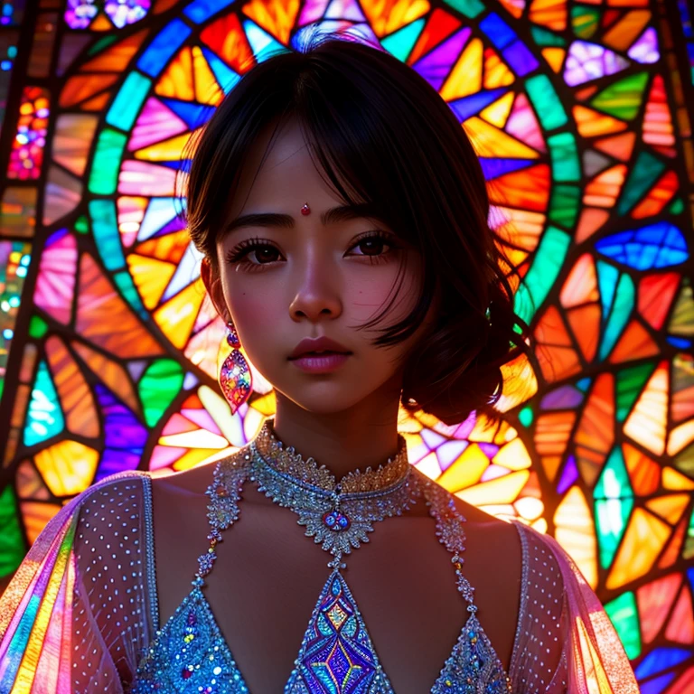 SFW, concept art, Tiny junior idol, (Detailed Delicate lace knitted white clothes), (nipple:-0.9), face closeup, (Elaborate stained glass Background:1.37), (((Renbutsu Misako), colorful Light shines through delicate stained glass:1.2, vivid red colors, Luminous Particles, light Particles))(Acutance:0.8). (ProfessionalPhoto:1.2),(ultra-detailed:1.37), (Extremely detailed KAWAII face variations, innocent expression variations), rosy cheeks, intricate detailed eyes with sparkling highlights, long eyelashes with volume, subtle blush on the face. Mystic sight, haze, Impeccable Radiant PearlSkin with Transparency, captivating gaze, ((Dynamic-angle)), whole Body proportions and all limbs are anatomically accurate .