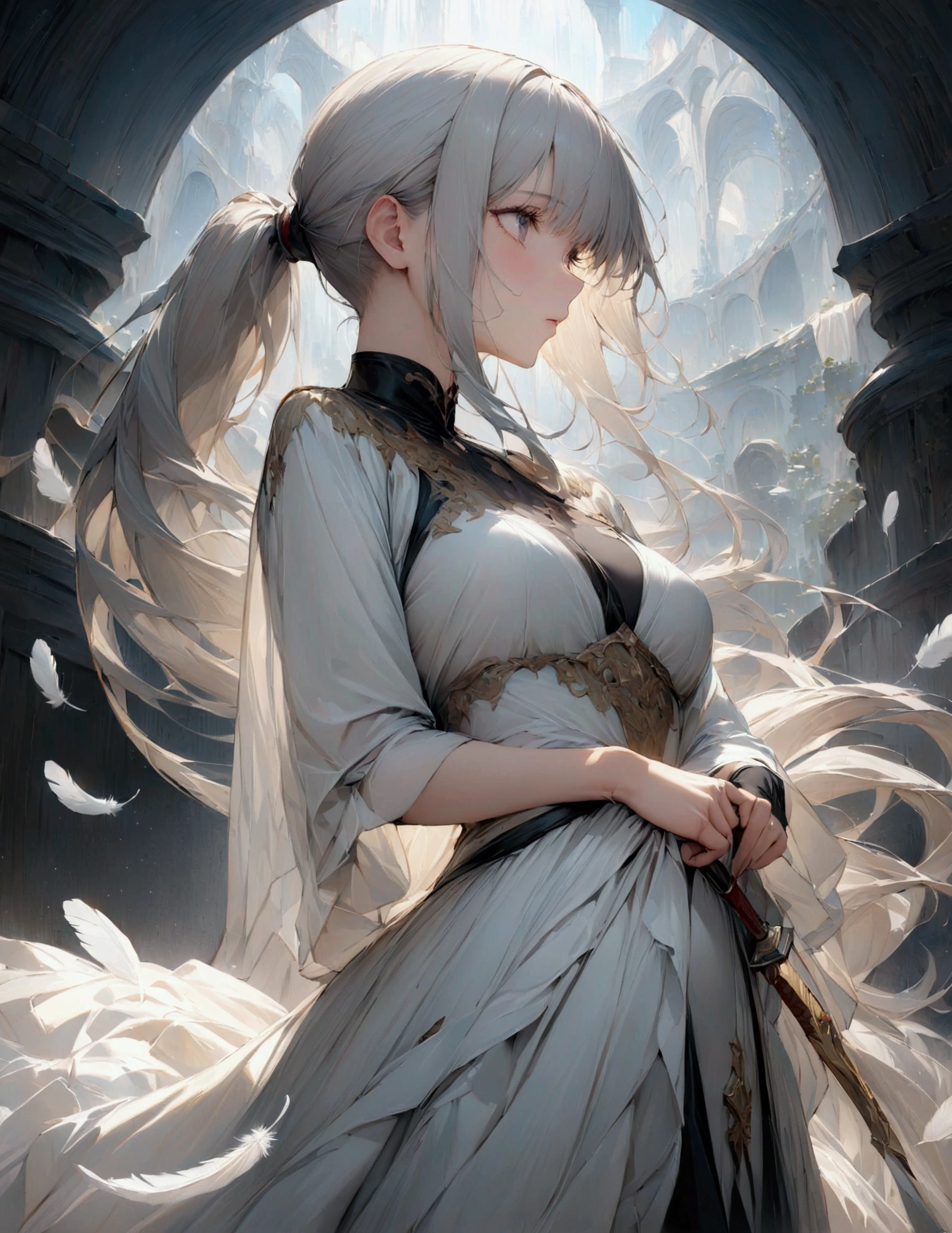 (masterpiece:1.3),(最high quality:1.4),(Very detailedな:1.5),High resolution,Very detailed,8k,artwork,High level of detail,rendering,high quality,Wide range of colors,A fantastical space where white feathers rain down,Vivid light,(One Man、profile)Swordsman、Gray Hair、Her long hair, which reaches down to her waist, is tied in a ponytail、White kettle、白いSwordsmanの服装、There'Carrying a sword at the waist、Looking up with a blank look。