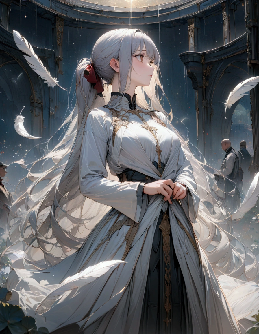 (masterpiece:1.3),(最high quality:1.4),(Very detailedな:1.5),High resolution,Very detailed,8k,artwork,High level of detail,rendering,high quality,Wide range of colors,A fantastical space where white feathers rain down,Vivid light,(One Man、profile)Swordsman、Gray Hair、Her long hair, which reaches down to her waist, is tied in a ponytail、White kettle、白いSwordsmanの服装、There'Carrying a sword at the waist、Looking up with a blank look。