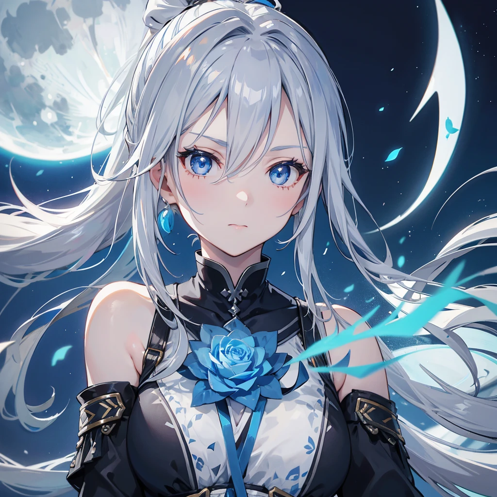((((Gray Hair、ponytail、Long Hair 1 person Blue eyes、Shine Pure white skin Smooth skin)))) (((Adult women、slender Close-up Kind Face Blue rose Blue and white))) ((Big Moon、night milky way)) (Shine背景 白くShine縁)
