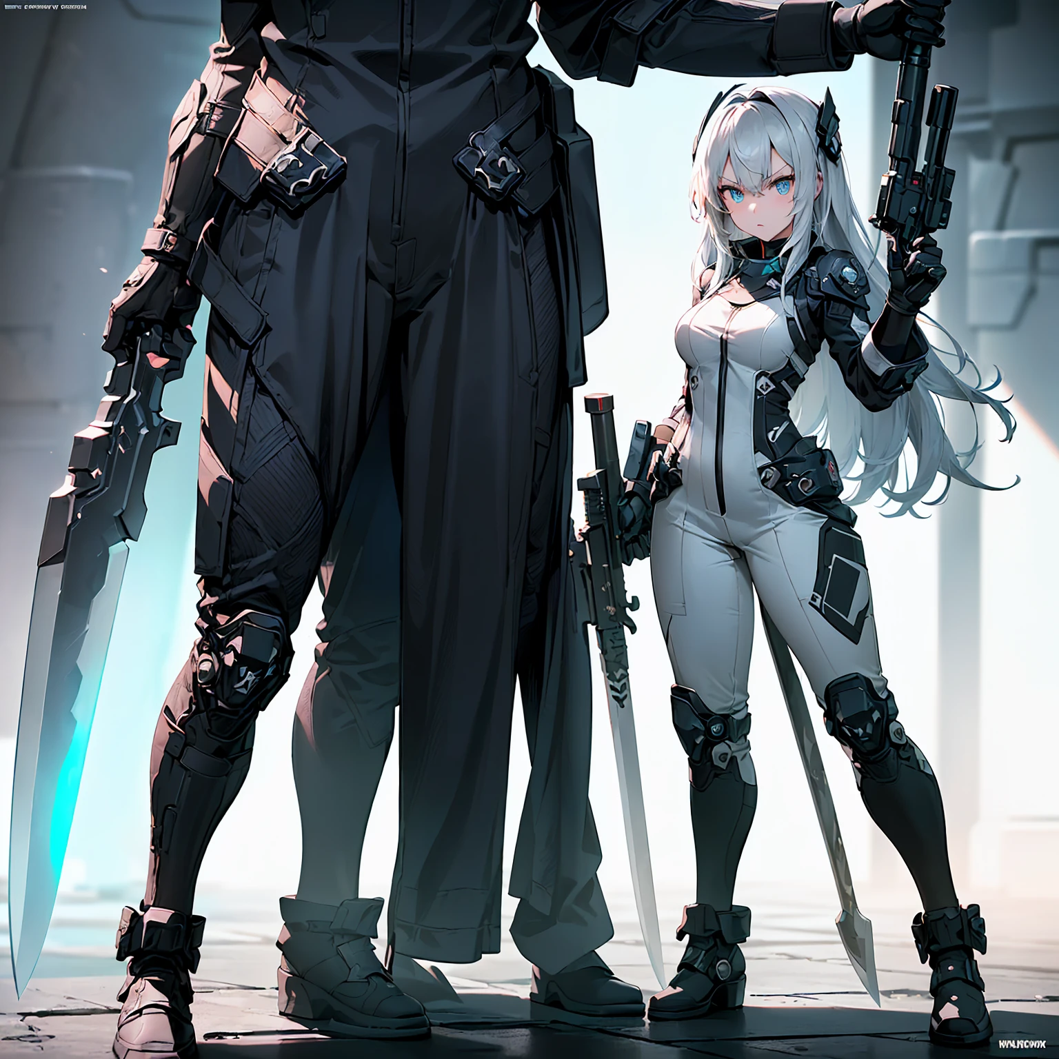 Design a layout showcase Gaming character, (1girl). Black+Silver clothes, sleek and modern, ((showcase weapon:1.4)), laser gun, (masterpiece:1.2), (best quality), 4k, ultra-detailed, (Step by step design, layout art:1.5), (neon lighting, cyber ambiance), cyberpunk, ((tech gloves)), (((revealing jumpsuit:1.3))), tech armor, combat boots, (((full_body_shot:1.4)))