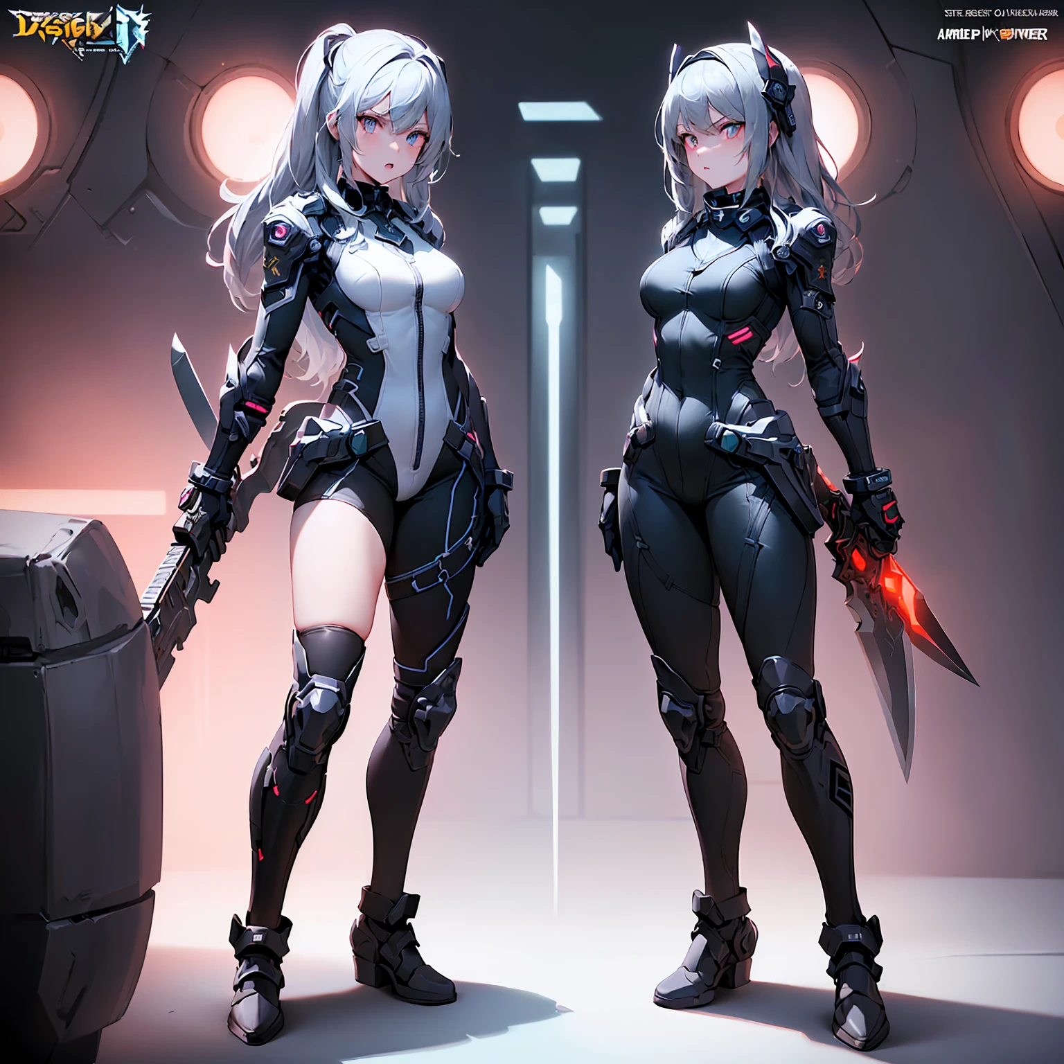 ((Write the word: "Bosstercore" in a logo at bottom)). Guts armor from Berserk references, gantz reference. Sexy mecha girl with round tits, sexy body. Swinging a big sword. Red eyes, full body, sexy pose. Round ass, slim waist