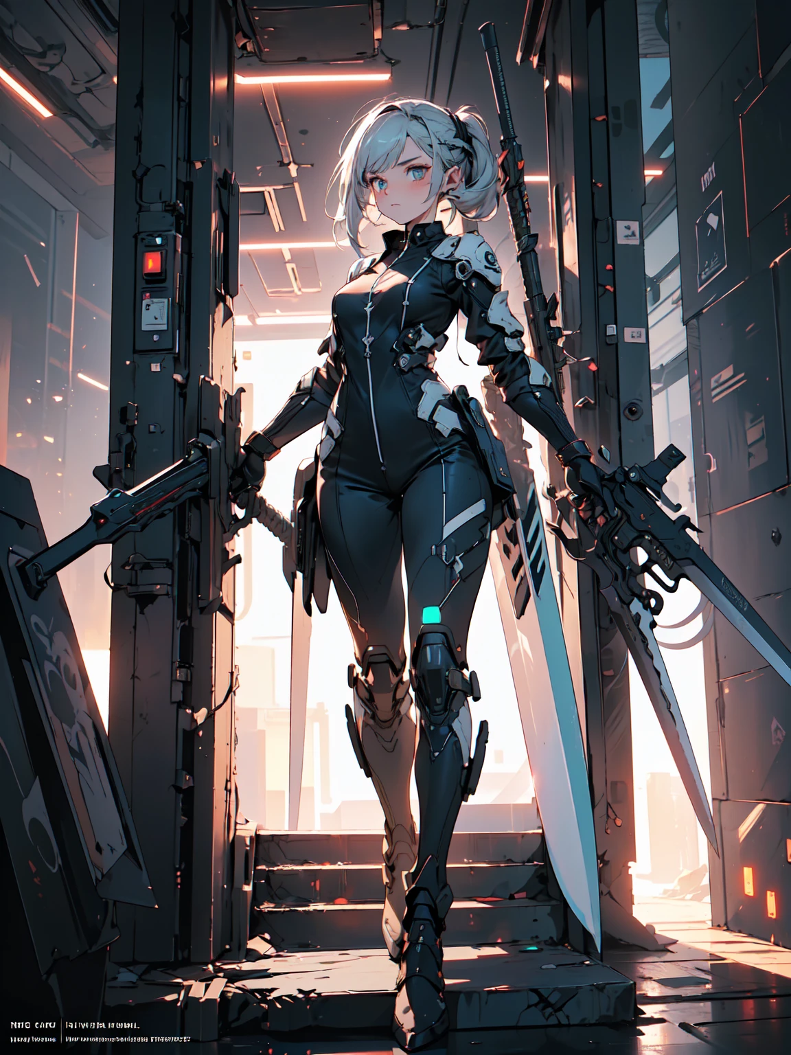 Design a layout showcase Gaming character, (1girl). Black+Silver clothes, sleek and modern, ((showcase weapon:1.4)), laser gun, (masterpiece:1.2), (best quality), 4k, ultra-detailed, (Step by step design, layout art:1.5), (neon lighting, cyber ambiance), cyberpunk, ((tech gloves)), (((revealing jumpsuit:1.3))), tech armor, combat boots, (((full_body_shot:1.4)))