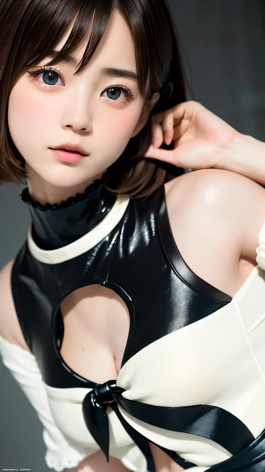 (1 nogizaka girl,The face of a 15 year old,RAW Photos,Photorealistic:1.5),(最high quality, high quality,High resolution, 最high quality,ultra High resolutionolution,High resolutionolution,High resolution,超High resolution,Large file size,8k,2k wallpaper,8k wallpaper,high quality texture,wonderful,Very delicate:1.4),one girl, Famous idols of Japan,Cute Face,Small face,Absurd,Ridiculous,incredibly Ridiculous,Blurred Background,(Idol Uniform,short hair,Cleavage,No makeup:1.2),Medium skin,Beautiful Skin,Detailed skin,Black Hair,Silky Hair,Iris,Japanese Nose,Five fingers,(Particles of light, Lens flare, Luminous Particles: 0.7),View your viewers,Bright lighting,Professional Lighting,girl