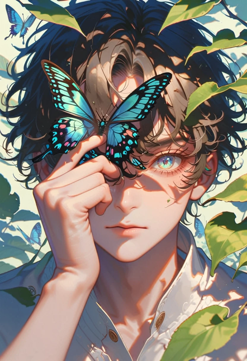 Style 9，Boys，Covering one eye with leaves，Butterfly landed on the eye