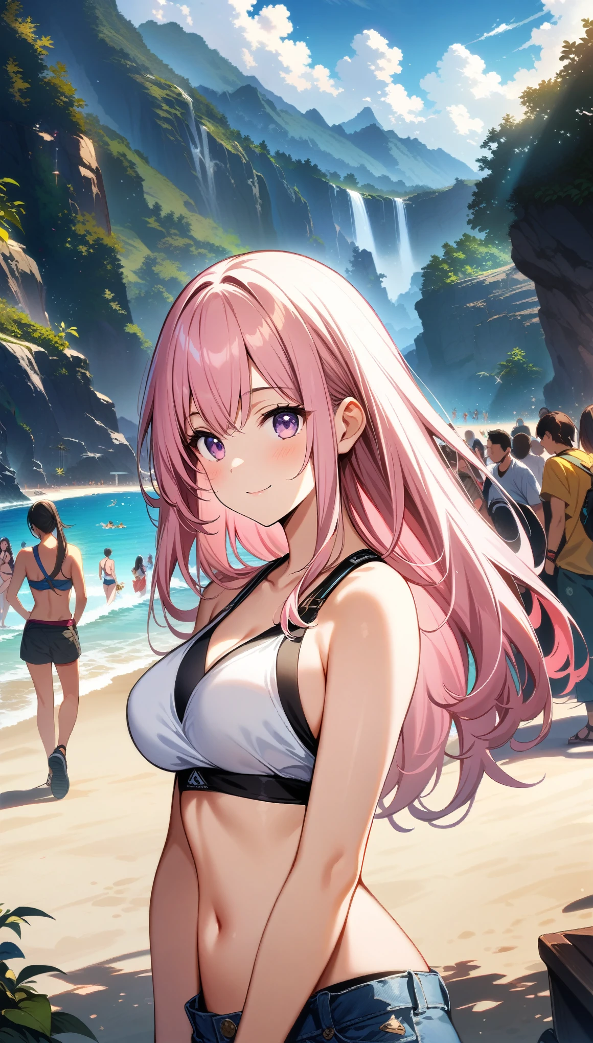 1 girl, long Hair, pink hair, cute white bikini, smile, A beach with lots of people, ((32K)), ((best quality)), ((ultra high res)), ((HDR)), ((uhd)), ((extremely detailed CG)), ((unity 32K wallpaper)), ((perfect anatomy)), (upper body),
