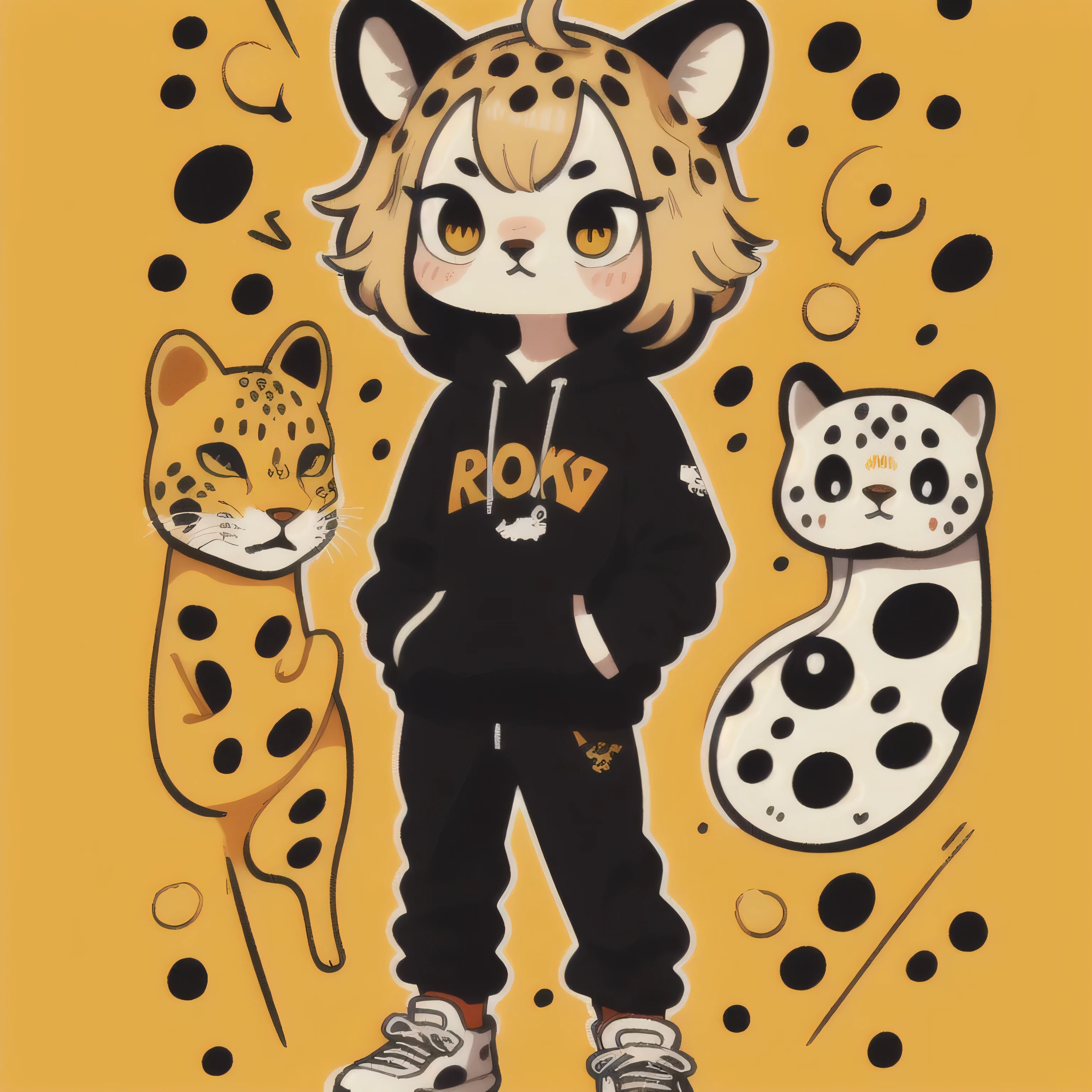 Cartoon image of A Cool Leopard wearing black hoodie, hands in pockets, Black pants, Red sneaker, Cartoon style illustration, Cartoon Art Style, Cartoon Art Style, Digital illustration style, Highly detailed character design, cute detailed digital art, Fan Art, Animal Sticker, Animal Character Design, Sticker Design, beautiful digital illustration, high quality full body sticker, Comic art, Kawaii Character Design, Chibi, Chibi Design, white background