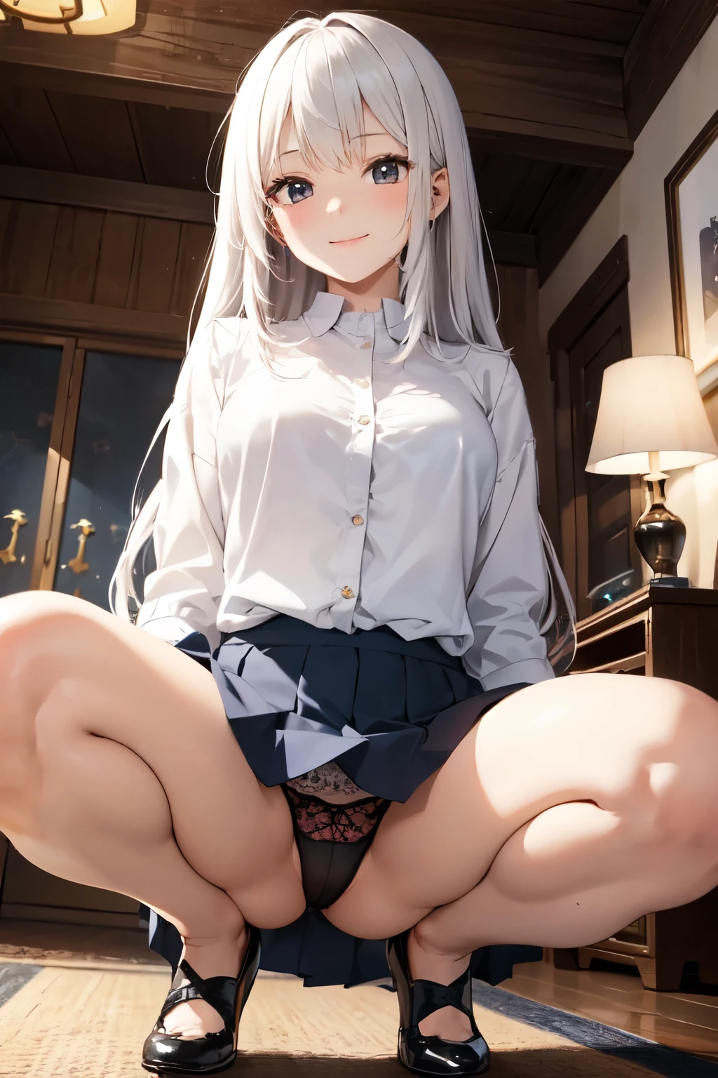 very cute and beautiful girl,(Very detailed美しい顔), (smile),blush,Black Hair,Seraphim,((White Hair、long hair)),(White Shirt、Pleated navy blue pread your legs、Squat)、Sitting、(From below)、(Lace panties), Country road, (Highest quality,masterpiece:1.0),Absurd,High resolution,Super detailed,Very detailed,32K,8k resolution, Intricate details,Movie Scenes,Detailed Background,alone,Dynamic Angle,
