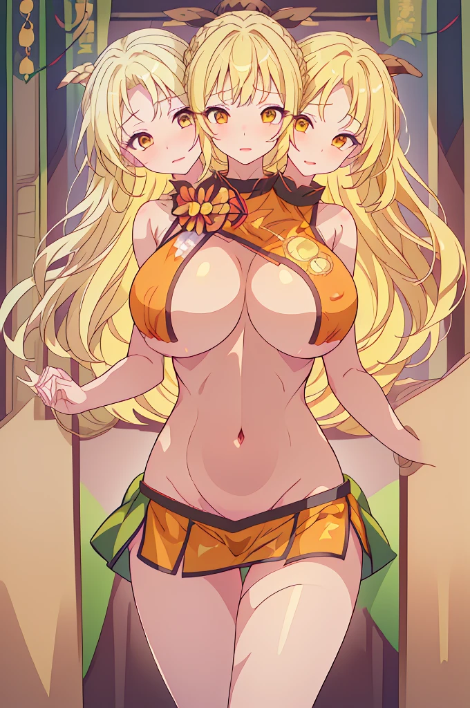 (masterpiece, best quality), best quality, (ultra-detailed), (3heads:1.5), 1girl, (okina matara:1.3), masterpiece, best quality, ultra quality, ultra resolution, ultra detail, yellow-orange top, crop top, ((stomach)), midriff, ((groin)), green skirt, normal ears, shackles, ((blonde hair)), very long hair, wavy hair, sidelocks, yellow eyes, parted lips, open belly, smirk, smiling, sweat, very cute, toned belly, hand on own chest, eyelashes, (27 year old woman:1.3), (masterpiece:1.5), (best quality:1.5), (beautiful detailed), extremely detailed CG, extremely delicate and beautiful, depth of field, (finely detailed face), (perfect details:1.2), (mature female:1.3), wide pelvis, slender, large veiny breast, 16k resolution, highres, high quality, high definition, extremely detailed, masterpiece, ((blonde hair)), long hair, alluring presence, braid, short skirt, close up, very big tits, very huge tits, young, three-point hat, nsfw, ((blonde))