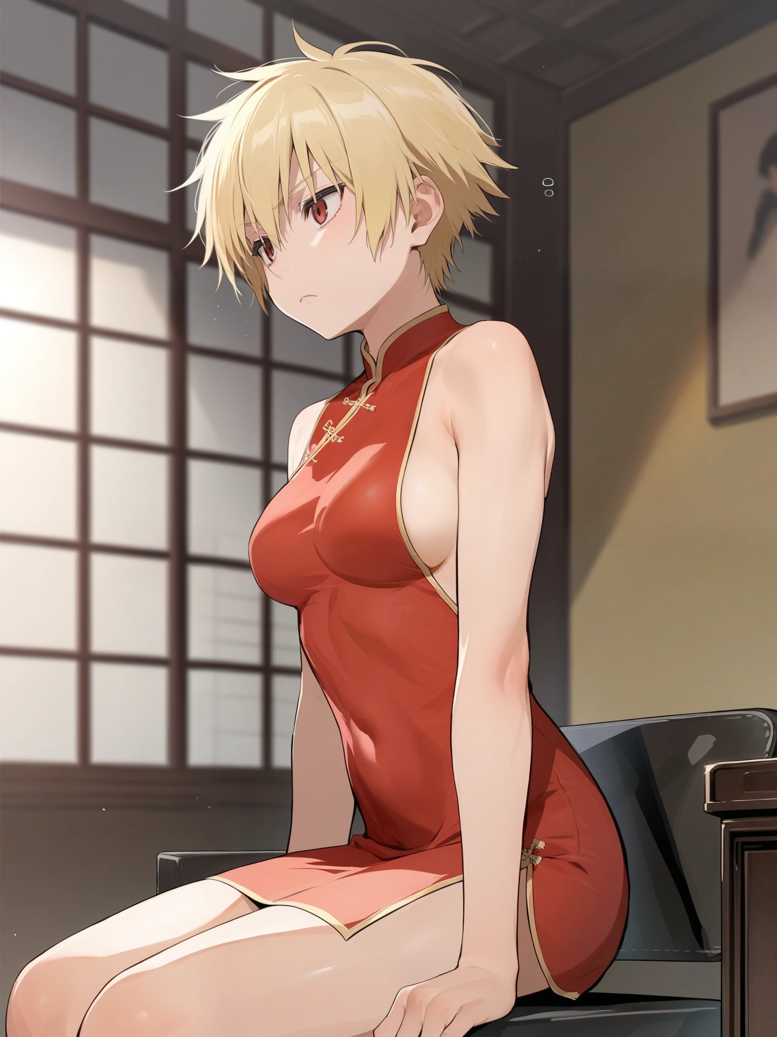 score_9, score_8_up, source_anime, solo, 1girl, tomboy, dress, hellsing, lole, young, ((aged down)), ikuchan, blonde hair, blonde hair, oriental, Chinese dress, short dress, indoors, apathetic, bored, boob window