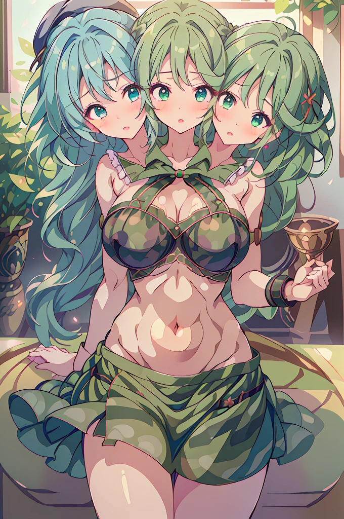 (masterpiece, best quality), best quality, best resolution, (ultra-detailed), (3heads:1.5), 1girl, (yamashiro takane:1.3), masterpiece, best quality, ultra quality, ultra resolution, green top, crop top, ((stomach)), midriff, ((groin)), green skirt, miniskirt, normal ears, shackles, green hair, very long hair, wavy hair, sidelocks, blue eyes, parted lips, single horn, sweat, cute, toned belly, hand on own chest, eyelashes, (24 year old woman:1.3), (masterpiece:1.5), (best quality:1.5), (beautiful detailed), extremely detailed CG, extremely delicate and beautiful, depth of field, (finely detailed face), (perfect details:1.2), (mature female:1.3), wide pelvis, slender, large veiny breast, 16k resolution, highres, high quality, high definition, extremely detailed, masterpiece, green hair, long hair, alluring presence, twin braid, short skirt, close up, very big tits, huge tits, young, green headwear, hat, camouflage, girl with three heads, three headed girl,