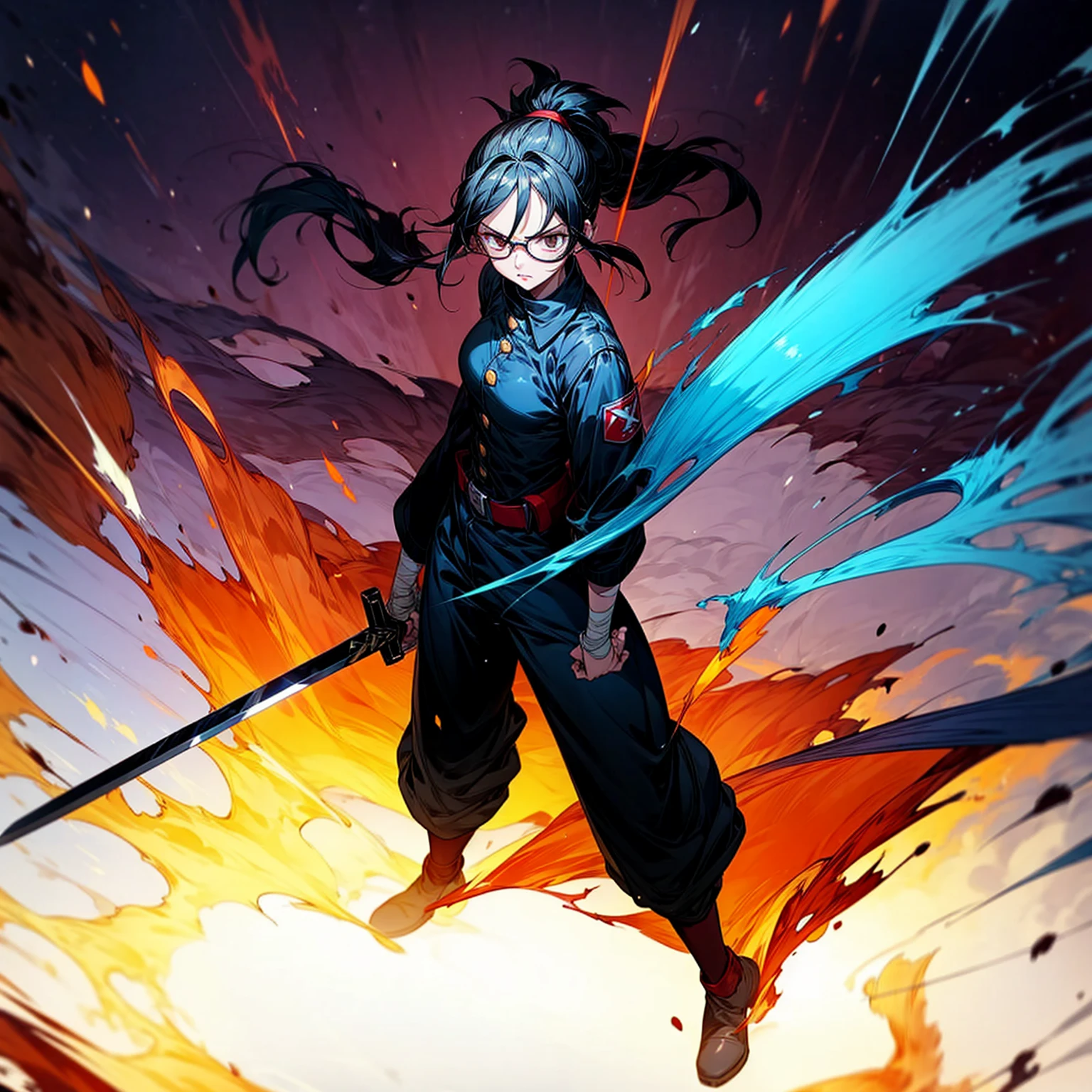 Grassroot, full body version, solo, girl, glasses, black colour hair, ponytail hair, brown eyes, sad eyes, red lipstick, soldier clothing, bandage, belts, long pants, boots, shadow, (Hunter x Hunter style art), standing gesture, sword in hand, Fire on sword, light fire on sword, smoke effect, plasma effect, blood on background, lighting effect on eyes, motion blur 