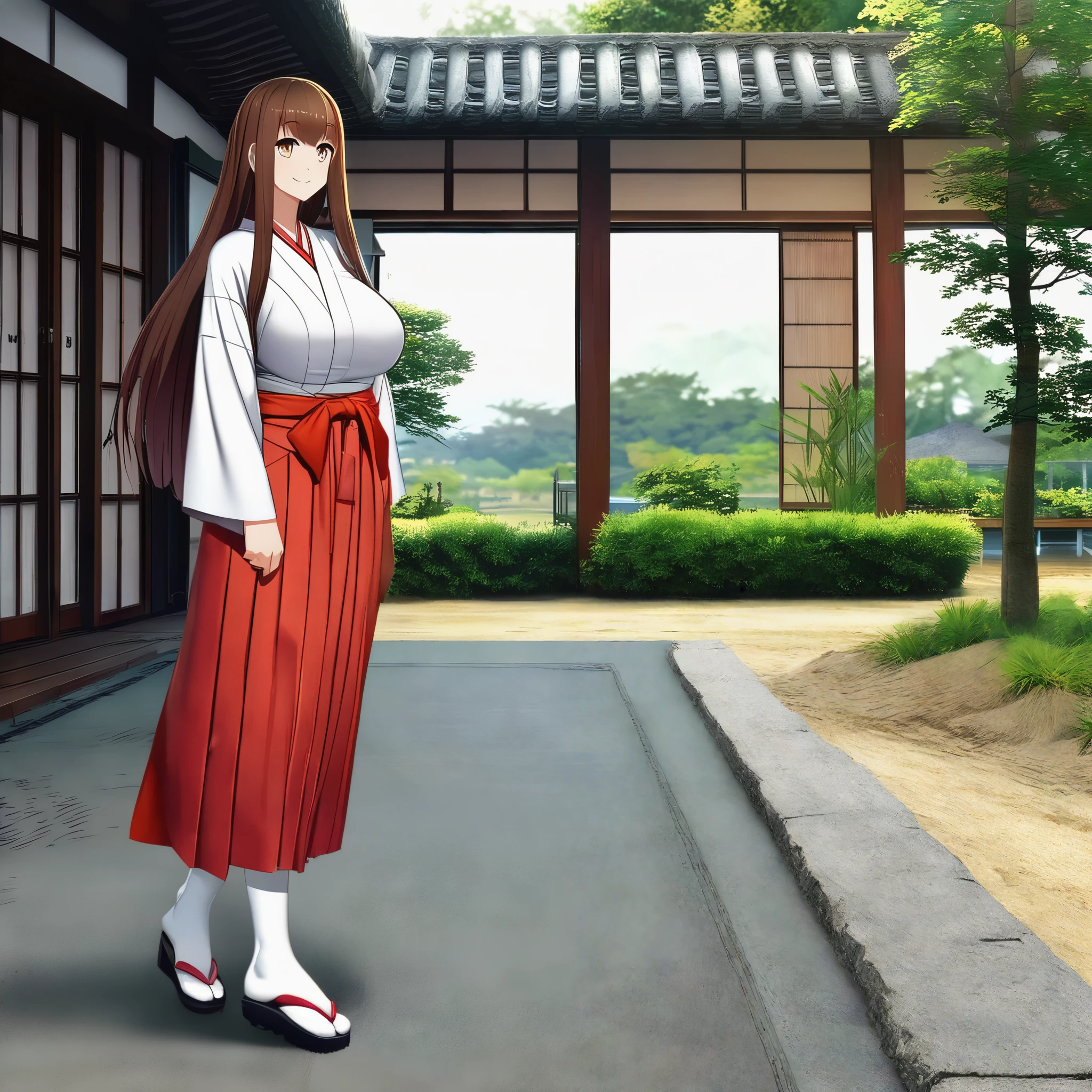 A woman wearing white uwagi, red hakama, long white stockings, big breasts, brown hair, long hair, brown eyes, smiling, walking on a dirt walk, with bamboo in the background, Japanese aesthetics in place, daytime place,Kaintai_Collection, IJN_Akagi.daytime location, perfect face, perfect eyes, close vision. ,UHD , prime work , accurate , anatomically correct , textured skin , super details , high quality , best quality, 8k, high resolution, bokeh effect.

