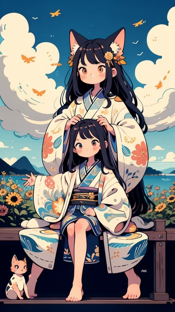 masterpiece, best quality, Super clear 8K wallpapers, high quality, MJ-WK (MJ-WEEK), kimono, sitting posture, shining pupils, (((The Most Beautiful Girl))), cloud, vivid colors,