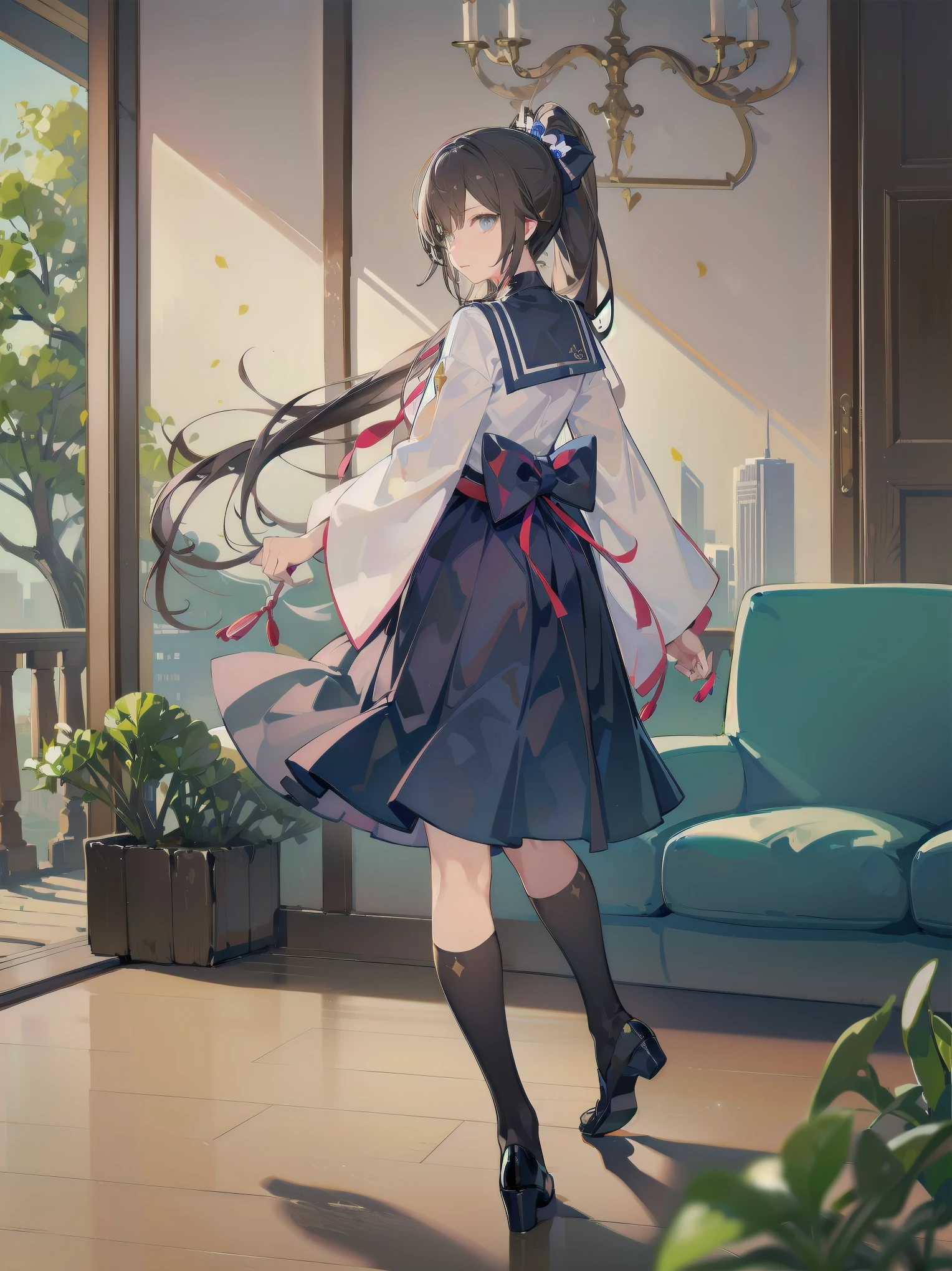 Masterpiece, illustration, super detailed, kawaii, one girl, 独奏, slender 14 year old, Japanese girl, chou chou, ribbon, nape of neck, low ponytail, cute pose in Less revealing attire, (Sailor uniform from Girls' Saint Academy, navy blue, white with 3 lines on collar), priss skirt, white socks, loafers,  , Long Sleeves, White innerwear for sailor suit, living room, cowgirl shot, sfw, dynamic angle、Close-up on the characters、(building, city、A dense fog of fluorescent particles、１８００Era、Japanese Style、Fiction、grow、Overwhelming、Detailed street）、A beautiful girl with a beautiful background and a super cute pose
