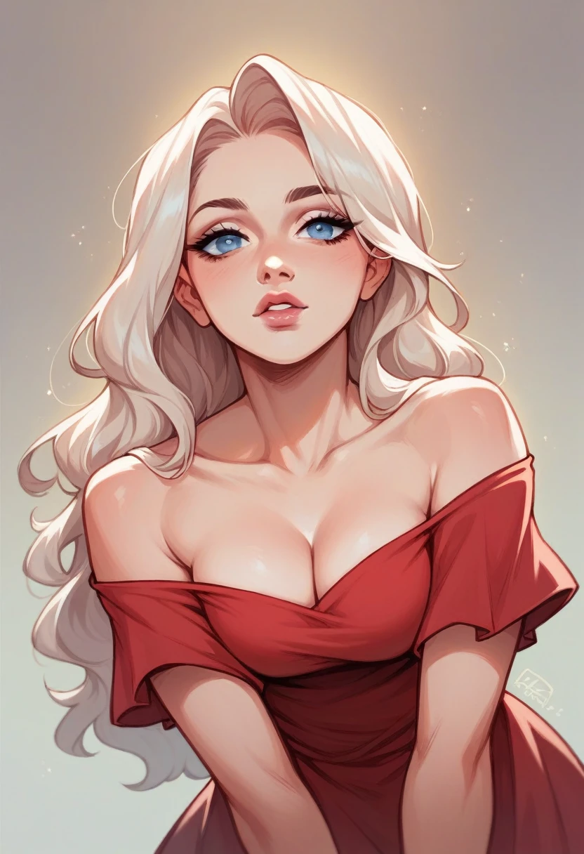 Beautiful woman with long nlack hair and blue eyes, fair skin and pink lips. Wearing an elegant off shoulder red dress.
