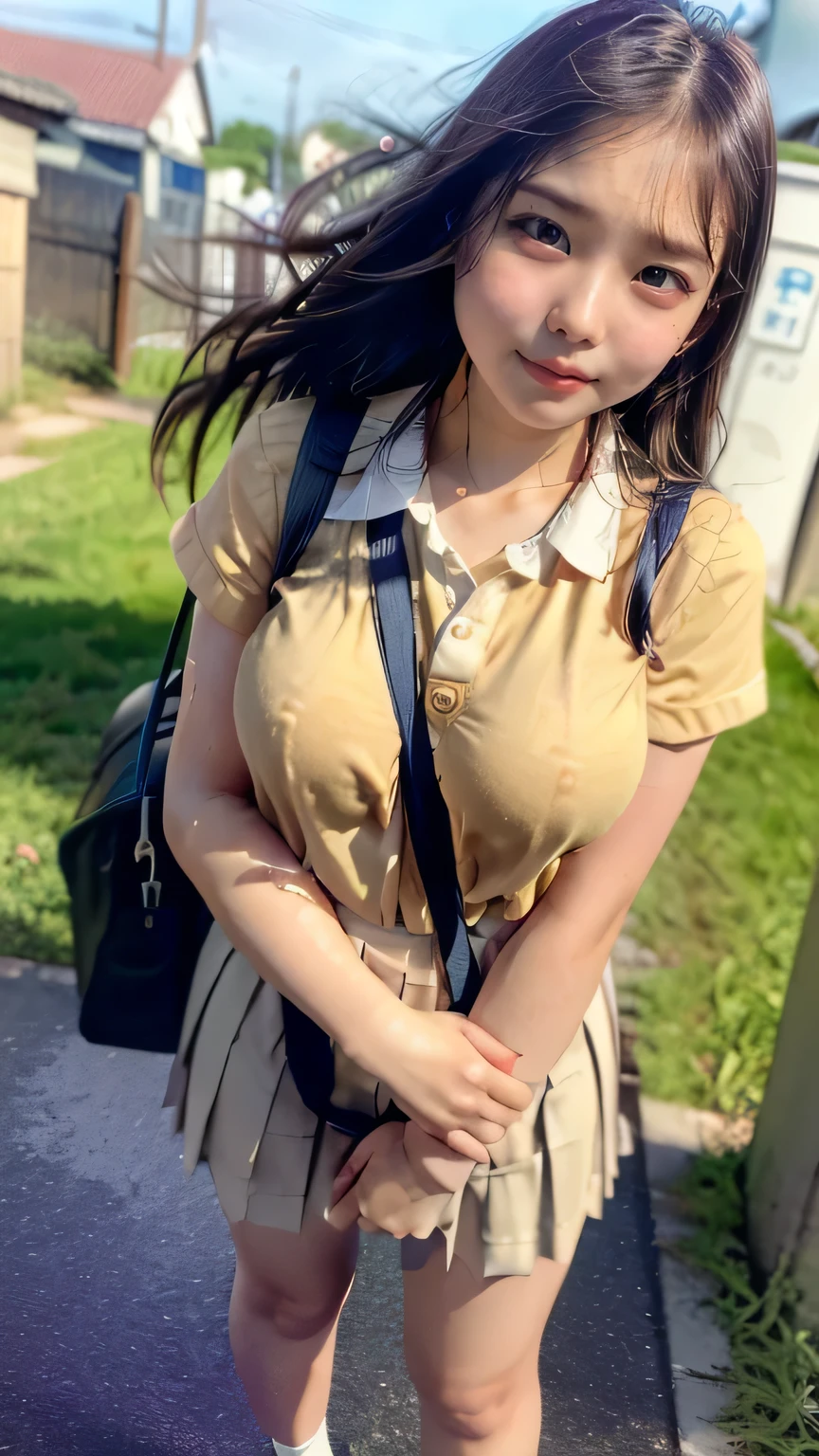 (High school girls walking through a school in Tokyo:1.2、blue sky)、((school uniform、White blouse、(Checkered pleated skirt)、Navy blue socks、loafers)、(Sports Bags、The strap of the bag passes between the chest、paisla:1.5)、the wind is strong、(Realistic、Like a photograph、Live Action、8k, Realistic, RAW Photos, Best image quality: 1.4), Single-lens reflex camera、RAW Photos, Highest quality, Realistic, Highly detailed CG Unity 8k wallpaper, Written boundary depth, Cinematic Light, Lens flare, Ray Tracing, Realistic background、((Ultra-Dense Skin))、 16 year old girl after school,cute Japanese、(whole body:1.5)、Very detailedな顔,avert your eyes:1.1、(Long Hair:1.2、My hair is blowing in the wind:1.4)、I like that style、stylish、Very detailed、Pay attention to the details、Perfect outfit、(Sunburned skin)、View from above、Accurate hands、Accurate legs、Detailed hands and fingers、Anatomically correct body、Thin legs、Thin thighs、Small breasts、Super detailed face