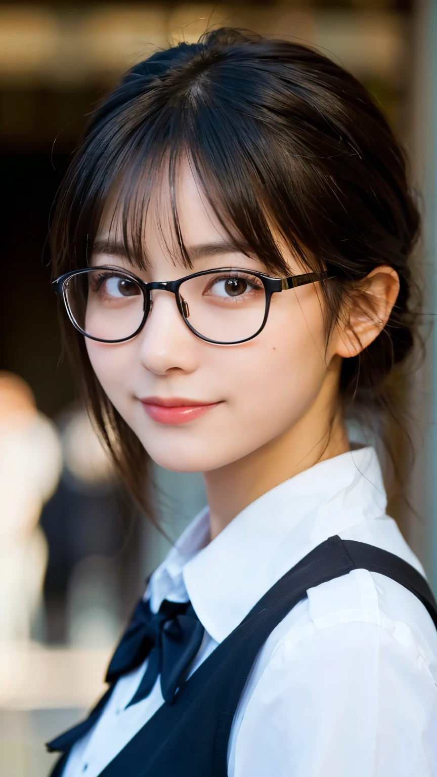 (Highest quality,masterpiece:1.3,Ultra-high resolution),(Very detailed,Caustics,8k),(Realistic:1.4,RAW shooting),A girl dressed as a butler,Japanese,boyish,smile,20-year-old,Short black hair,Glasses,Looking into the camera,Inside the Western-style building,Waist up shot,front,Face Focus,Face close-up,(Warm Light),Professional Writing