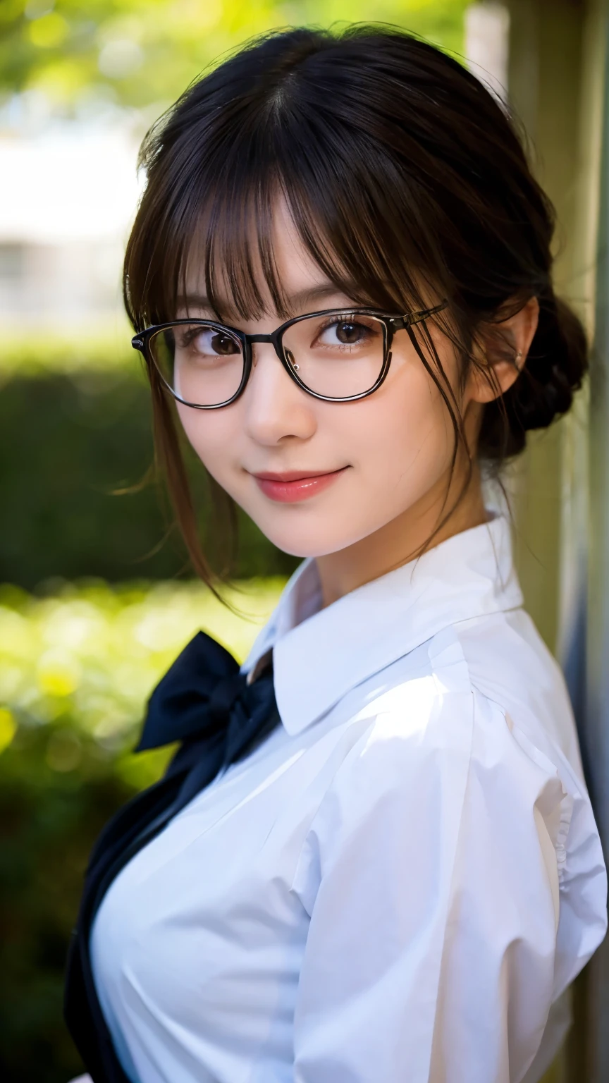 (Highest quality,masterpiece:1.3,Ultra-high resolution),(Very detailed,Caustics,8k),(Realistic:1.4,RAW shooting),A girl dressed as a butler,Japanese,boyish,smile,20-year-old,Short black hair,Glasses,Looking into the camera,Inside the Western-style building,Waist up shot,front,Face Focus,Face close-up,(Warm Light),Professional Writing