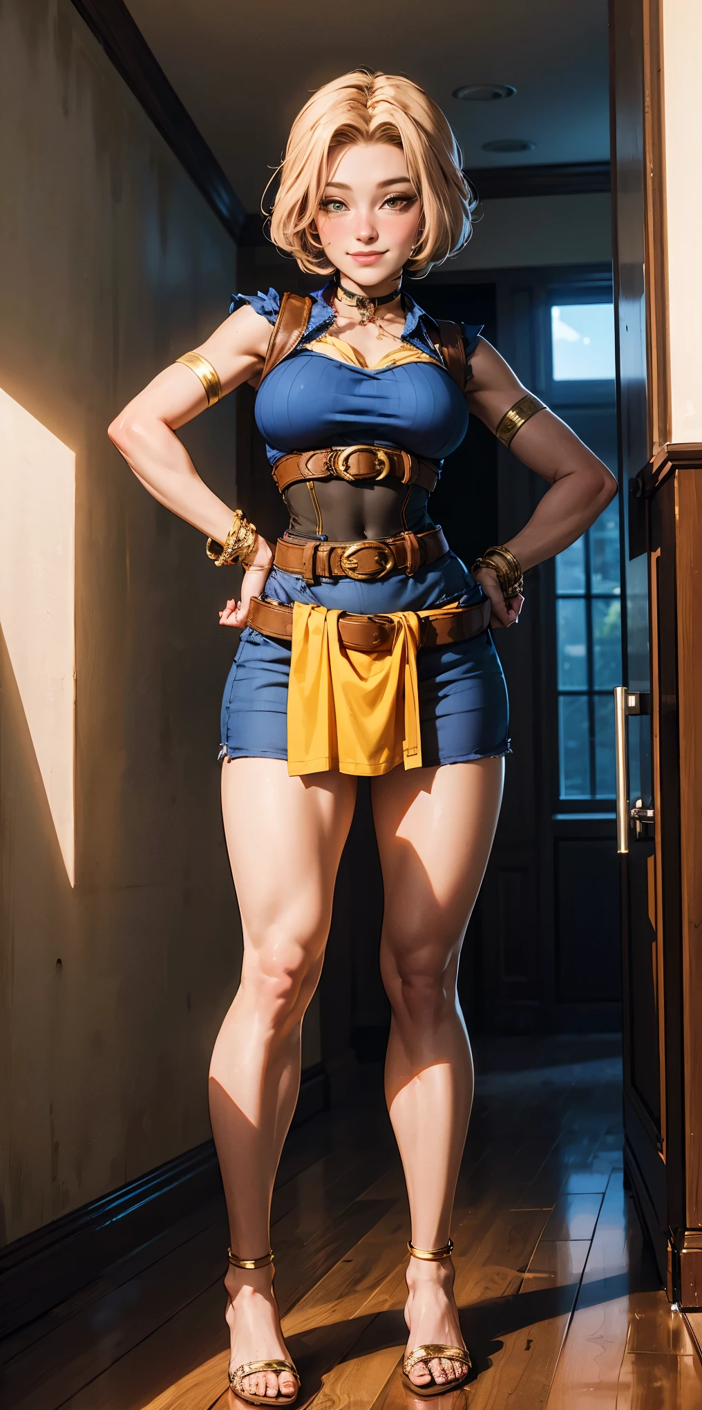 masterpiece, best quality, full body, barefoot, solo, female, big breast, Android 18, yellow bikini, hands on waist, navel, lustful smirking smiling, smile face (red blushed, red cheeks), metal shoulders, gold sleeveless armbands, black leather choker collar, shackle bracelets, pauldrons, breastplate, corset, eye focus, full body, whole body, loincloth standing, hands on hips, metal sandals, backpack, twin big belt, view from below, feet together, bracers, tiara