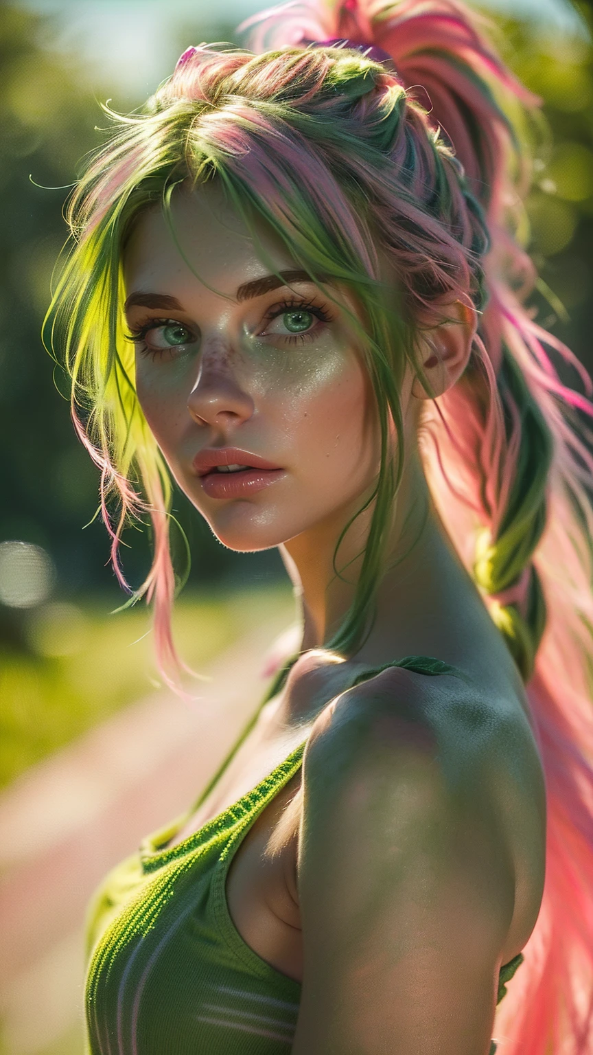 (Best quality, 8k, 32k, raw photo, Photorealistic, Photoreal, UHD:1.2), lifelike rendering, 1 young cute girl, (streaked Green and pink hair:1.4), very long hair, Dynamic hairslyte, (braids, ponytail) (green eyes:1.4), realistic portrait, (random pose), (dynamic angle)
