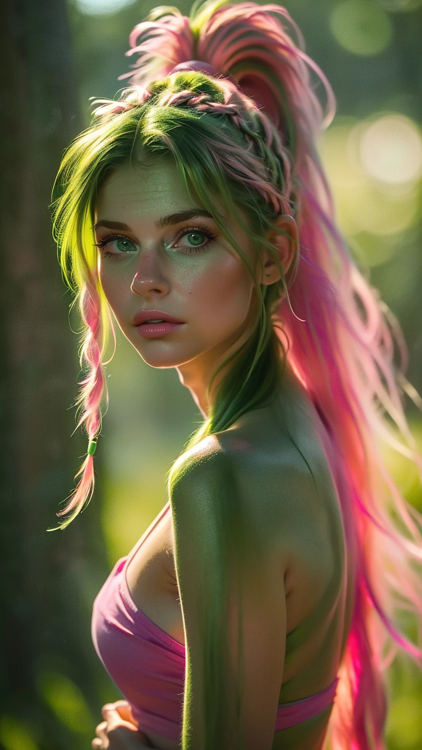(Best quality, 8k, 32k, raw photo, Photorealistic, Photoreal, UHD:1.2), lifelike rendering, ung cute girl, (streaked Green and pink hair:1.4), very long hair, Dynamic hairslyte, (braids, ponytail) (green eyes:1.4), realistic portrait, (random pose), (dynamic angle)