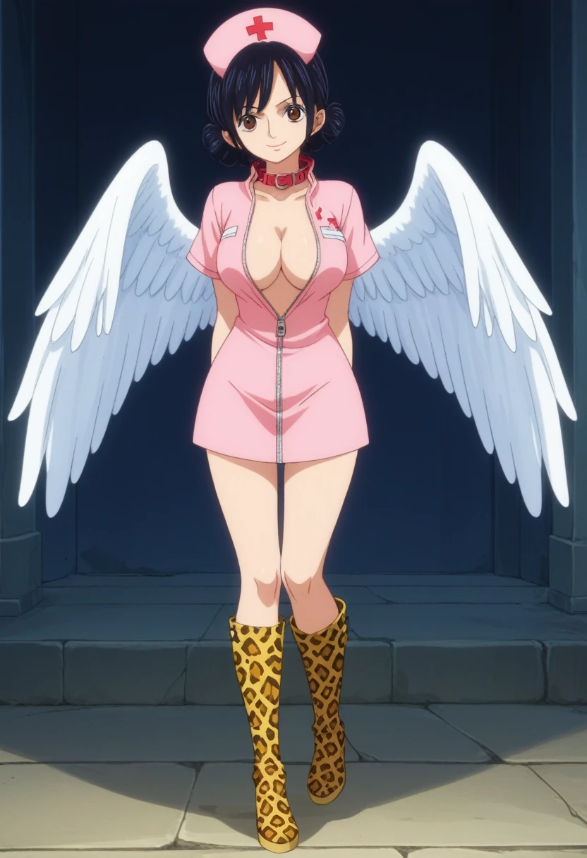 score_9, score_8_up, score_7_up, best quality, masterpiece, source_anime, anime screencap, one_piece_wano_style, clear face, 1girl, solo, black hair, short hair, short hair, brown eyes, large breasts,White wings on her back, nurse pink dress With the collar open, Front zipper , one-piece dress, outdoor, smile, looking at viewer, Leopard Print Thigh High Boots, full body