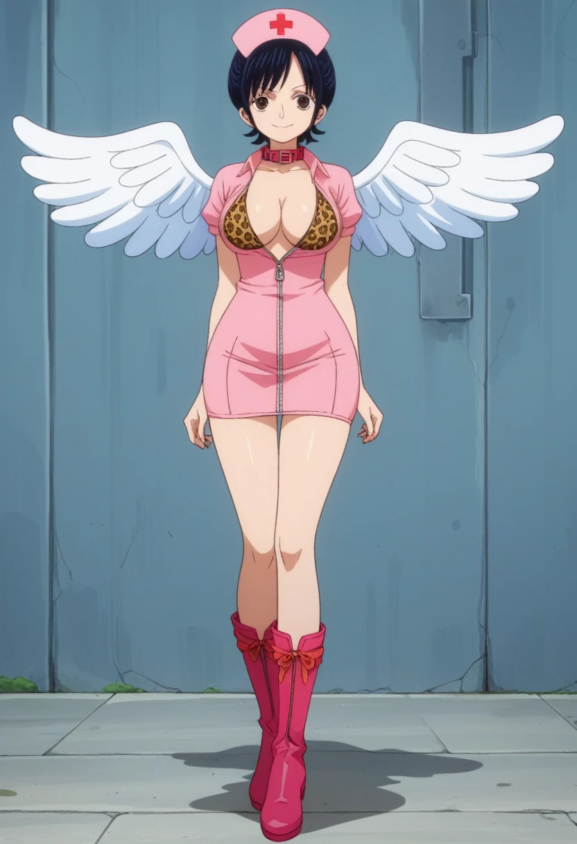 score_9, score_8_up, score_7_up, best quality, masterpiece, source_anime, anime screencap, one_piece_wano_style, clear face, 1girl, solo, black hair, short hair, short hair, brown eyes, large ,White wings on her back, nurse pink dress With the collar open, Front zipper , one-piece dress, outdoor, smile, looking at viewer, Leopard Print Thigh High Boots, full body