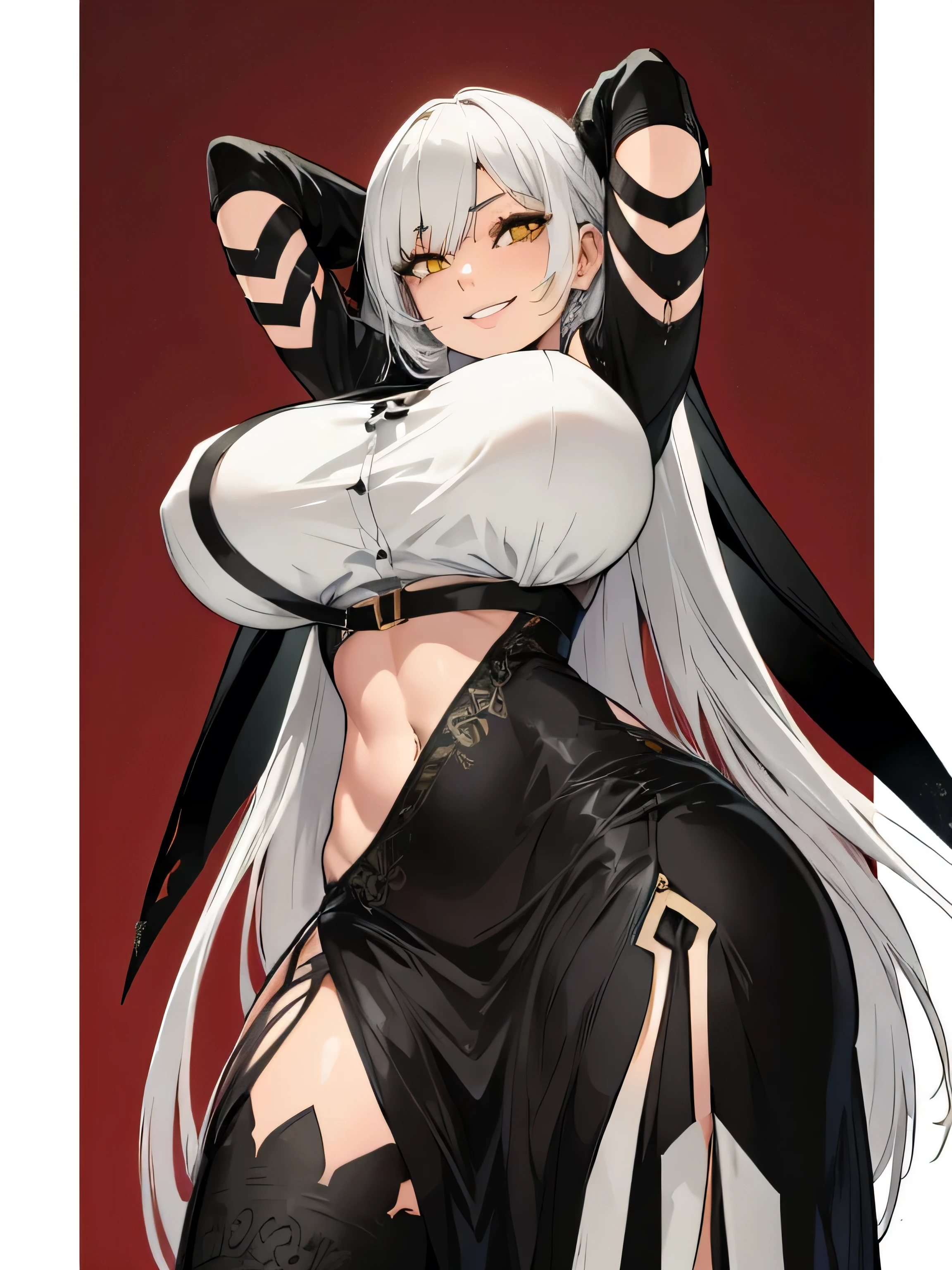 A girl looking down the viewer and she smiling. Her waist is thin and her hips are wide, She has yellow eye and white hair, our body marked in dress.