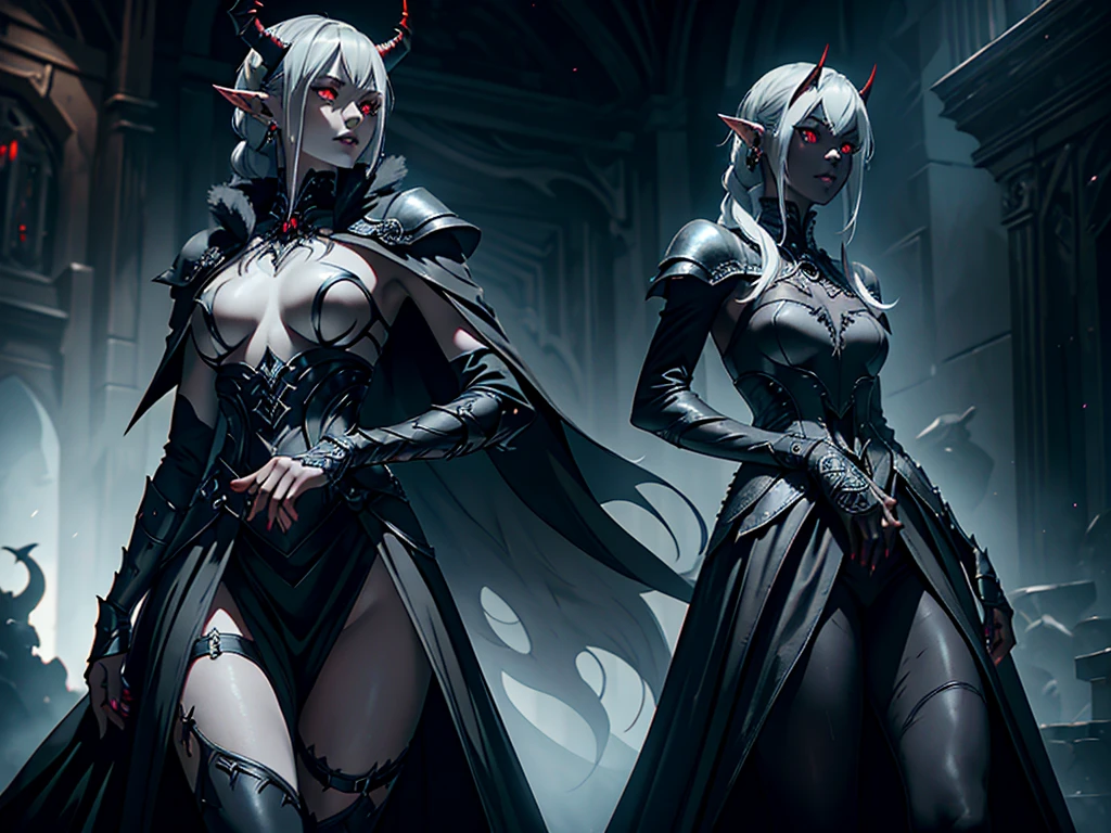 1girl, horror, dark elf princess, elden ring, (dark grey skin:1.5), true white long ponytail, ((perfect red eyes)), elf ears, earrings, detailed blood, highly detailed mechanical horns, (small breasts), ((black gothic prom dress)), wearing black fur cloak, bone armor, skull armor, volumetric lighting, ethereal fog, dark background, ultrasharp, best quality, masterpiece, realistic, anatomically correct, (strong cinematic lighting), ((rim lighting)), stunning details, intricate details, 8k post-production, high resolution, super details, sharp focus, depth of field f/1.8, studio photos, (((looking in the distance)))