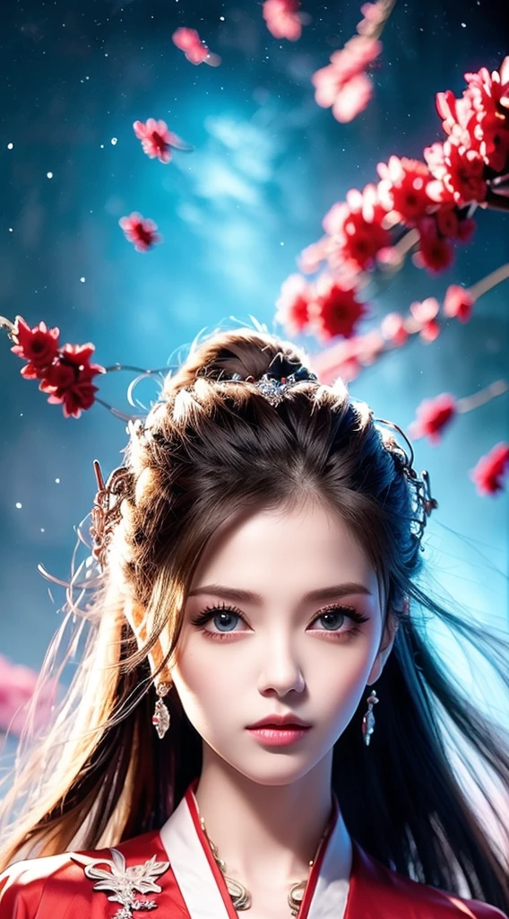 8k ultra hd, mastermiece, a girl, good face, detailed, eyes, beautiful lips, very hong hair, spreading hair, medium breasts, wedding dress, red dress, in the park, flying birds, blowing winds, clear weather, sitting, whole body capture,