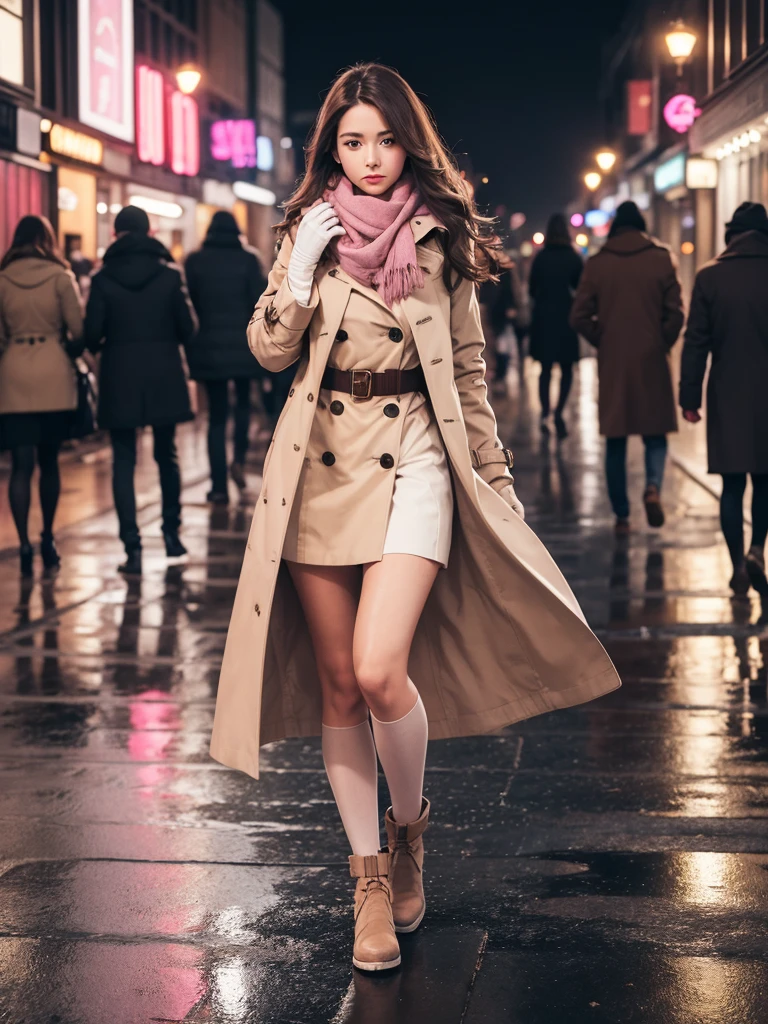 1girl with long brown hair wearing a fully buttoned up and belted buckle beige trench coat with a large pink winter wool scarf and white gloves at the hard windy rainy night city street full body 8k