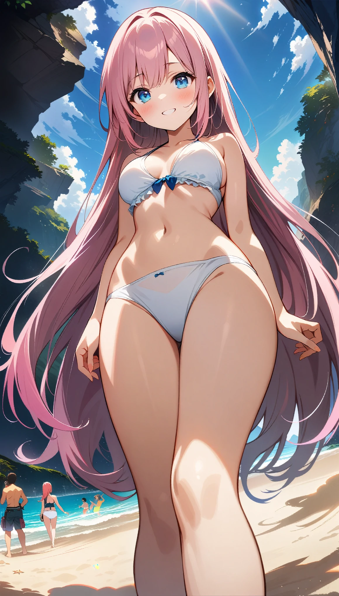1 girl, long Hair, pink hair, cute white bikini, smile, A beach with lots of people, from front, (from below), ((32K)), ((best quality)), ((ultra high res)), ((HDR)), ((uhd)), ((extremely detailed CG)), ((unity 32K wallpaper)), ((perfect anatomy)),