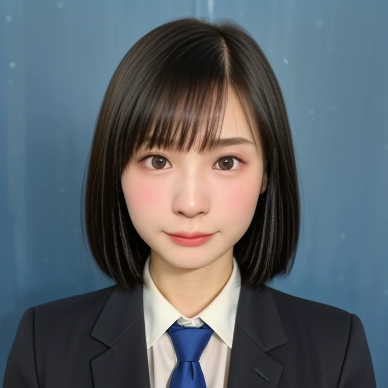 (kawaii 18 year-old Japanese girl, Nogizaka idol, Korean idol, highschool student), healthy female athlete body, (glossy black hair, very short hair, pixie cut, bangs:1.3), (rounded face, single eyelid, no makeup, serious expression:1.2), (wearing suit jacket, collared shirt, necktie:1.3), extra small breasts, (looking at viewer:1.2), BREAK, (simple blue background, yearbook background:1.3), (portrait, id photo, bust shot, view from vertically straight forward:1.3), BREAK, (masterpiece, best quality, photo realistic, official art:1.4), (UHD, 8K quality wallpaper, high resolution, raw photo, golden ratio:1.3), (shiny skin), professional lighting, physically based rendering, award winning, (highly detailed skin, extremely detailed face and eyes), Carl Zeiss 85 mm F/1.4, depth of field, 1girl, solo,