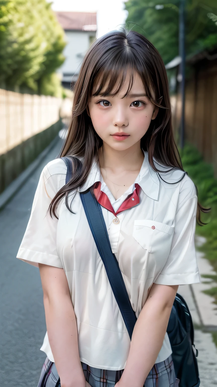 (High school girls walking through a school in Tokyo:1.2、Walking the hallway)、((school uniform、White blouse、(Checkered pleated skirt)、Navy blue socks、loafers)、(Sports Bags、The strap of the bag passes between the chest、paisla:1.5)、the wind is strong、(Realistic、Like a photograph、Live Action、8k, Realistic, RAW Photos, Best image quality: 1.4), Single-lens reflex camera、RAW Photos, Highest quality, Realistic, Highly detailed CG Unity 8k wallpaper, Written boundary depth, Cinematic Light, Lens flare, Ray Tracing, Realistic background、((Ultra-Dense Skin))、 16 year old girl after school,cute Japanese、(whole body:1.5)、Very detailedな顔，avert your eyes:1.1、(Long Hair:1.2、My hair is blowing in the wind:1.4)、I like that style、stylish、Very detailed、Pay attention to the details、Perfect outfit、(Sunburned skin)、View from above、Accurate hands、Accurate legs、Detailed hands and fingers、Anatomically correct body、Thin legs、Thin thighs、Small breasts、Super detailed face