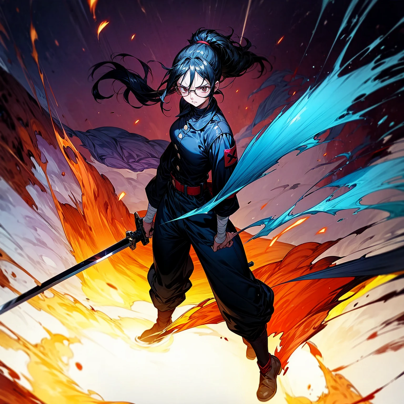 Grassroot, full body version, solo, girl, glasses, black colour hair, ponytail hair, brown eyes, sad eyes, red lipstick, soldier clothing, bandage, belts, long pants, boots, shadow, (Hunter x Hunter style art), standing gesture, sword in hand, Fire on sword, light fire on sword, smoke effect, plasma effect, blood on background, lighting effect on eyes, motion blur 