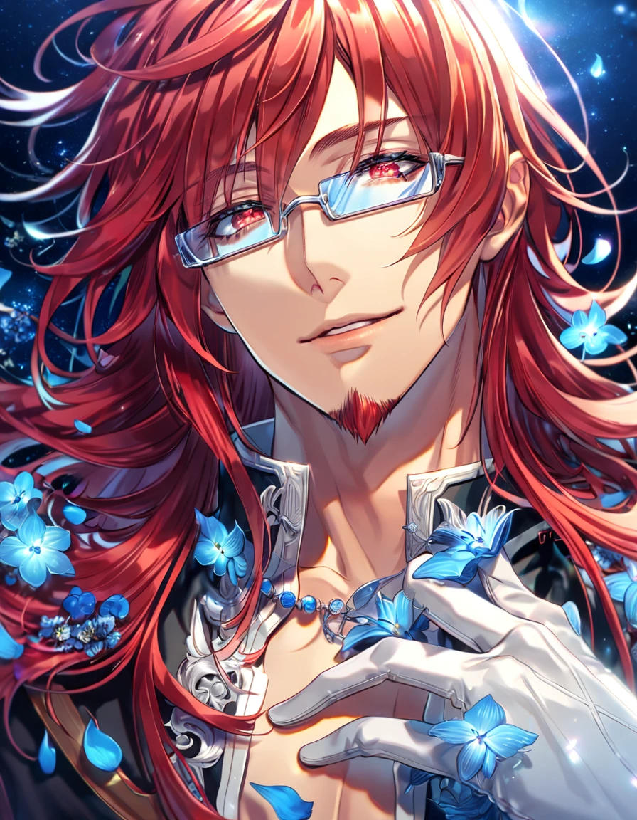 absurdres, highres, ultra detailed, HDR, master piece, Marian Cross, red hair, messy hair, long hair, red goatee, expressive red eyes, black coat, rectangular glasses, white gloves, D.Gray-Man, sexy man, handsome, best quality, blue flowers, fantasy, solo, blue shining fireflies, blue petals, sensual, handsome smile, starry sky, shining, blue blossoms